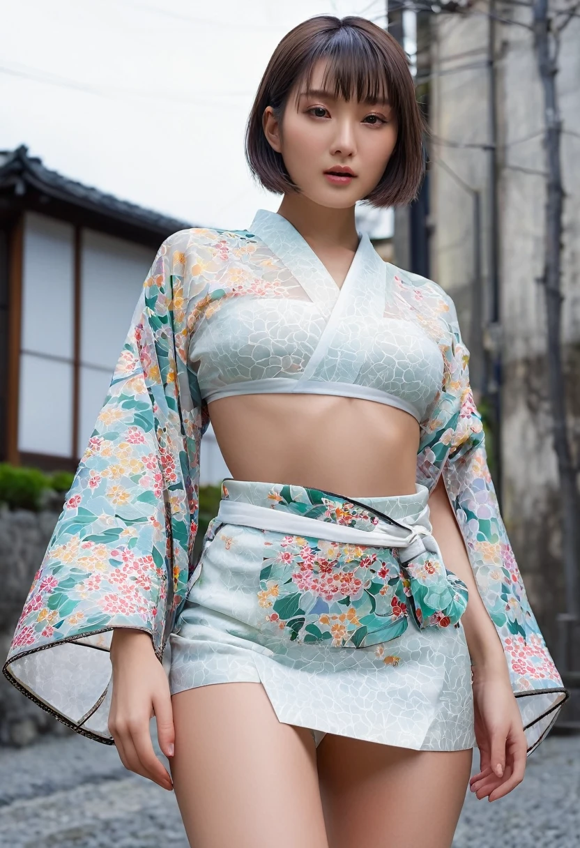 (Top Quality, 16k, Masterpiece: 1.3)), 1 Girl, Sharp Focus: 1.2, Beautiful Women with Perfect Figure: 1.4, Slender Abs: 1.2, (((Short Bob Hair)), ((Small: 1.4)), ((Beautiful Face Idol: 1.3)), (Transparent Fabric Kimono 1.5)), Highly Detailed Face and Skin Texture, Detailed Eyes, Double Eyelids, (((Pause)), (Seductive)), Walking, Paris cityscape, low angle, shot from below wearing crop top and ultra mini skirt