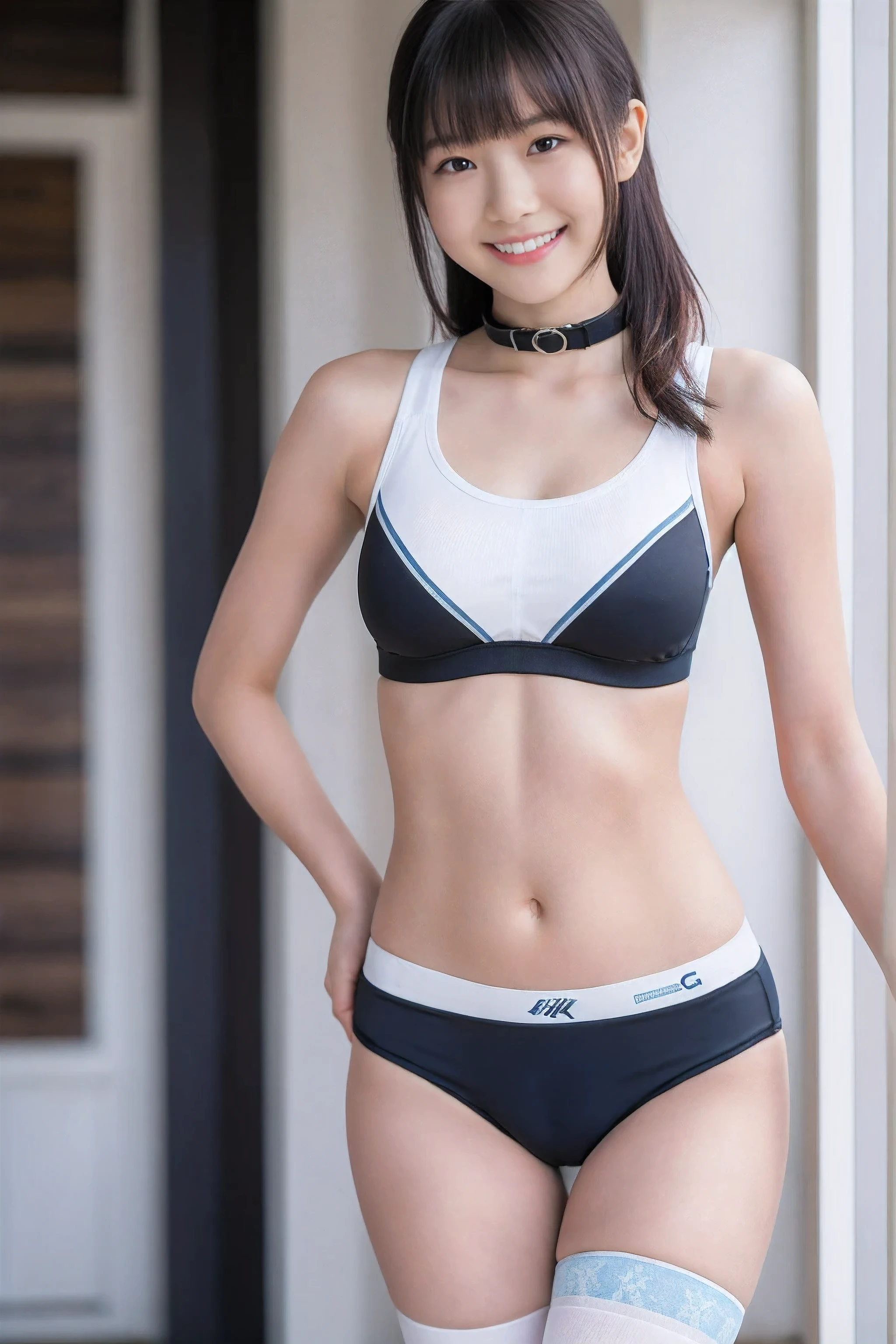 (8x_NMKD-Superscale_150000_G),(8K, Super high quality,highest quality),(masterpiece:1.5),(cowboy shot),1 girls, , cheerleader, (black collar), (light blue sports bra, navel, white frilly panties, socks), smiling, slender figure, beautiful twin-tailed girl