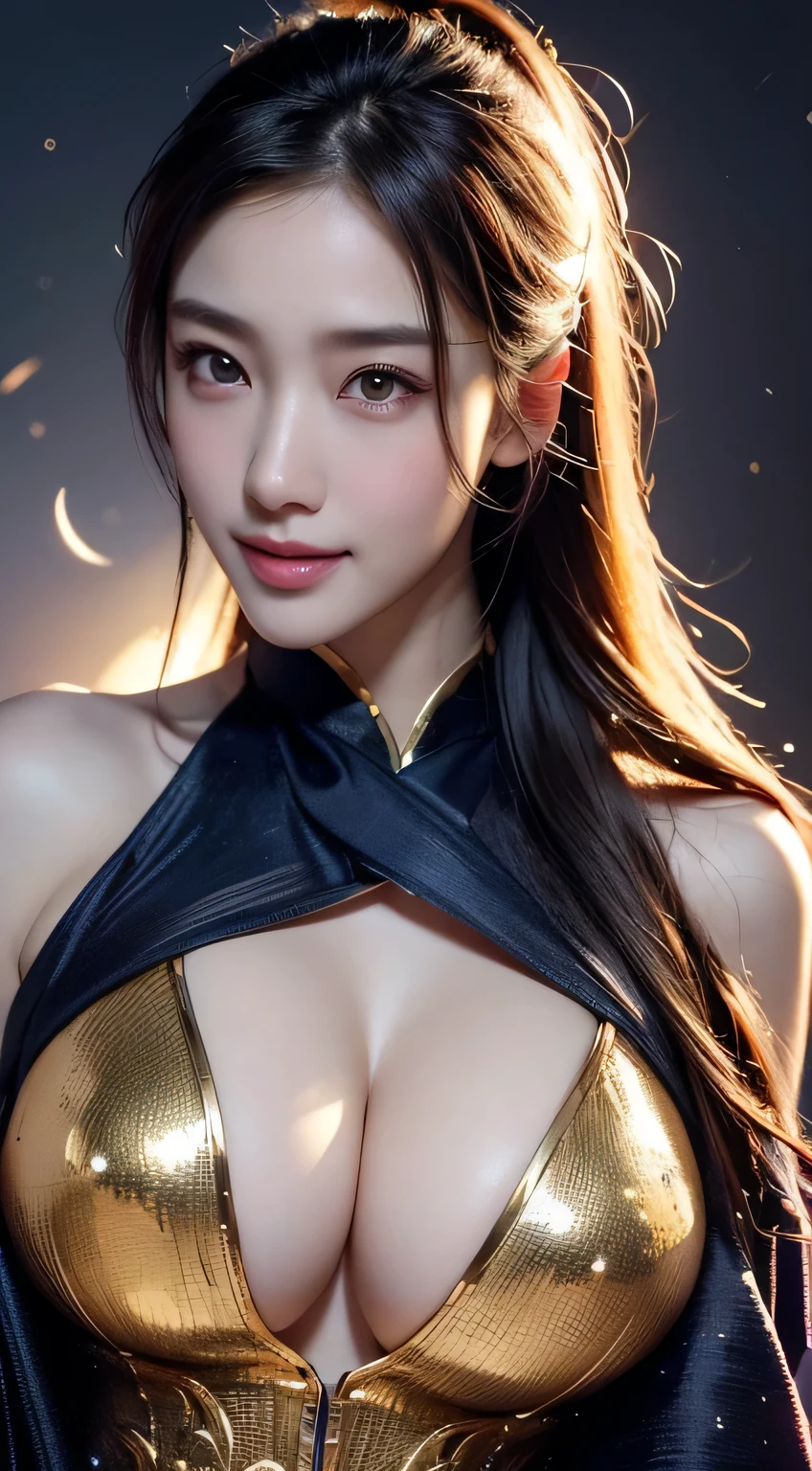 Kimono beauty, body portrait, 8k, thin and beautiful eyes, Dindal effect, masterpiece, top quality, high quality, high resolution, very detailed photo, (natural skin texture, fine skin, hyper realism, super sharpness) , high detail skin, (very fine, fine skin texture, intricate details, beautiful face, (real-like face), realistic eyes, beautifully detailed eyes, realistic skin, beautiful skin, surreal, Highly detailed, golden ratio, smiling eyes, ((night moonlight background)), body portrait, G cup, big breasts, huge breasts, big breasts, glamorous, shiny bodysuit