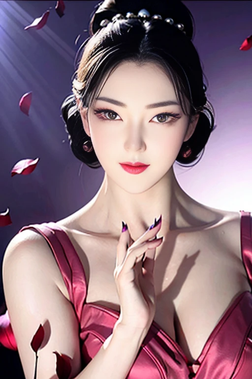 Narrow eyes, 1 girl, all white, expressionless, short hair, short hair, forehead, relief, black hair, short hair, solo, cowgirl, transparent one-piece, ((voluptuous breasts)), narrow slit eyes, black eyes, sparkling light Eyes, black hair, gloves, dress, luxurious jewelry, earrings, piercing eyes, elbow grooves, hands raised and hair tied back, random color, random color mesh dress, long eye makeup, narrow eyes, smile, lipstick, intricate petals Pattern, rim light, backlight, pastel color, studio lighting