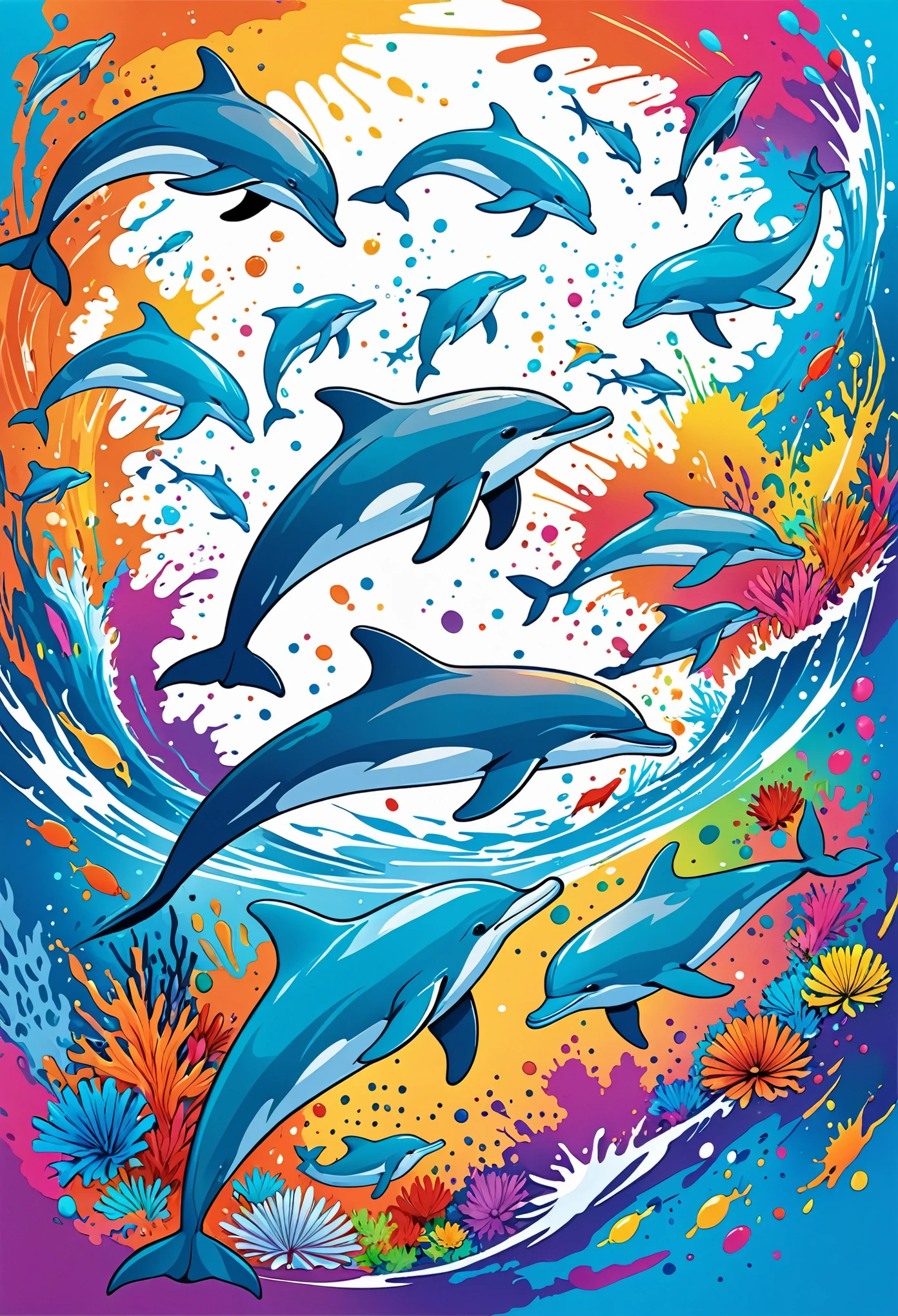 Vector Art, Colorful illustration with many dolphins, In the center, Vibrant colors, Paint splatters and stains, High Detail, Underwater swimming background
