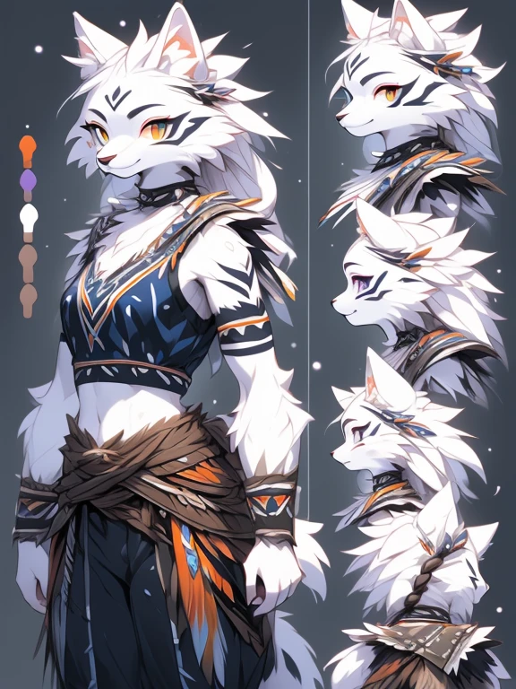 ( Absurdly , High quality , ultra detailed ) ,( hand detailed ) , 1girl, solo, mature, (concept art, character sheet), absurdres(highly detailed beautiful face and eyes)perfect anatomy Solo, sfw, Young Female white fox-cat (((lean-body))) (((medium breasts))) (short snout),(((fur (black stripe) between neck and shoulder towards chest))) ((fur (black stripes) on waist))(ears are darker), (heterochromia (orange, violet)), (cat tail (black at end)), (white hair (single-braided)), (fantasy adventure type clothing ((violet shirt (crop top))), (navy-blue belt) khaki pants)), happy ((looking at viewer)) ((Female wolf)) (detailed eyes) (clevedge, (collarbone, shoulders), (solo, (1girl)) ((((fluffy white fur)))) ((extremely detailed fur)) (violet crop top) ((hair in face)) (big braid), sfw, (thin long tail) (heterochromia) (extremely detailed eyes) joyful (((concept art, character sheet, (multiple views)))) ((adventure fantasy, snow tribal clothing)) (snow tribe clothing)