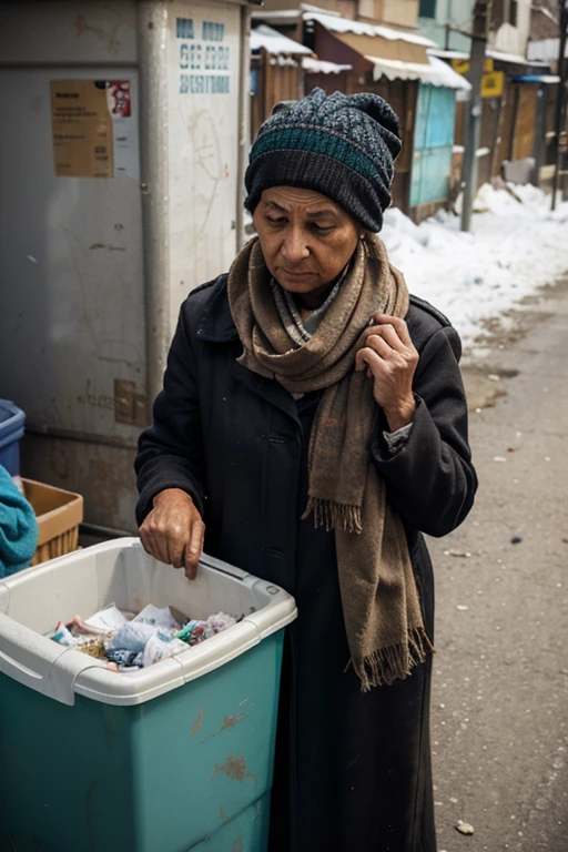 A woman with scarf while looking for food in the garbage, poverty. bad clothes, old woman, head on the garbage