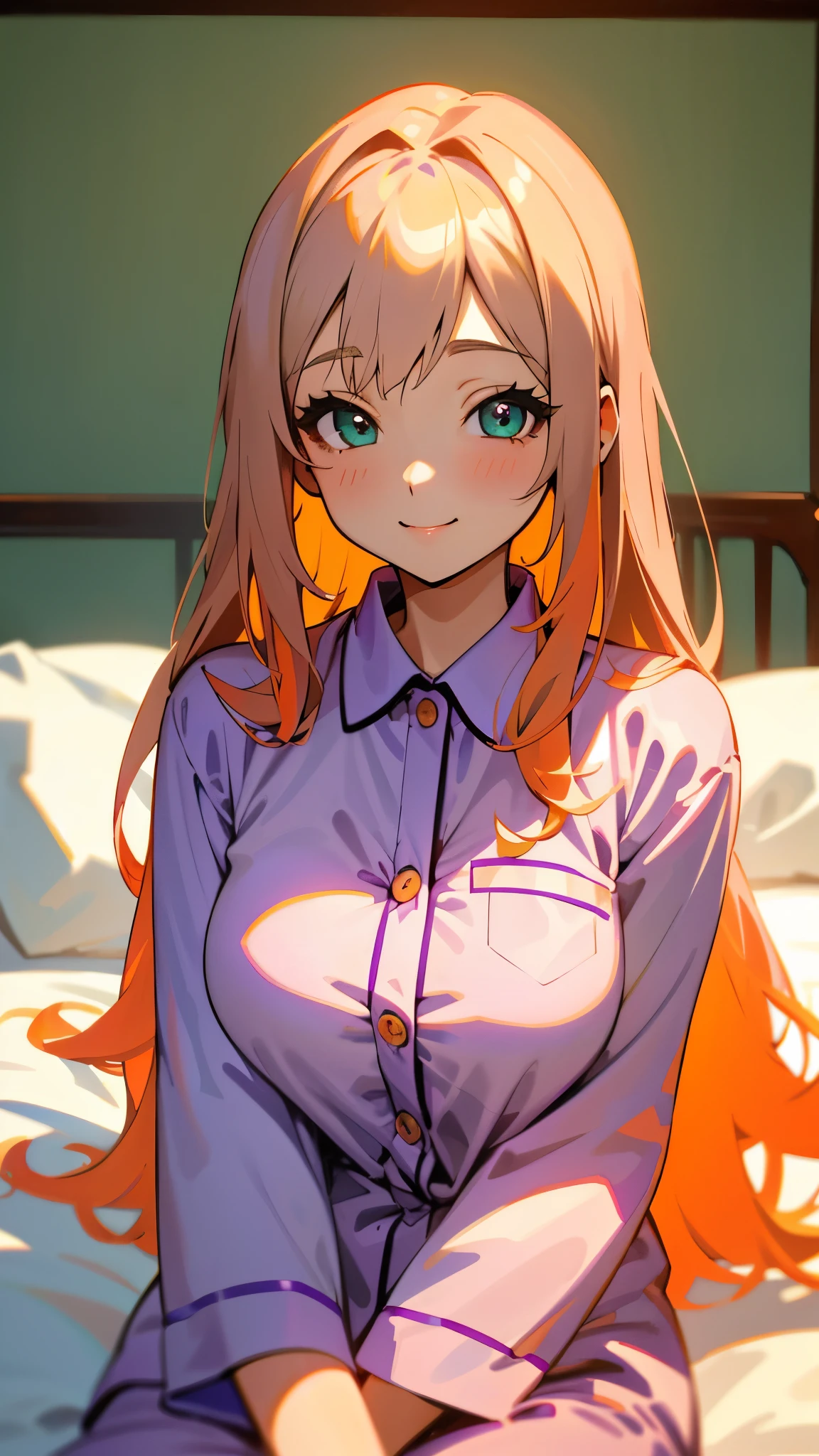 18-year-old girl sitting on bed、alone、Anime style painting、Wearing pajamas、beautiful purple beautiful eyes, Light khaki long hair,  Big and ample breasts、smile、smile、The soft texture of pajamas、Upper body close-up、Orange and green colours、Background Blur、Depth of the drawn border