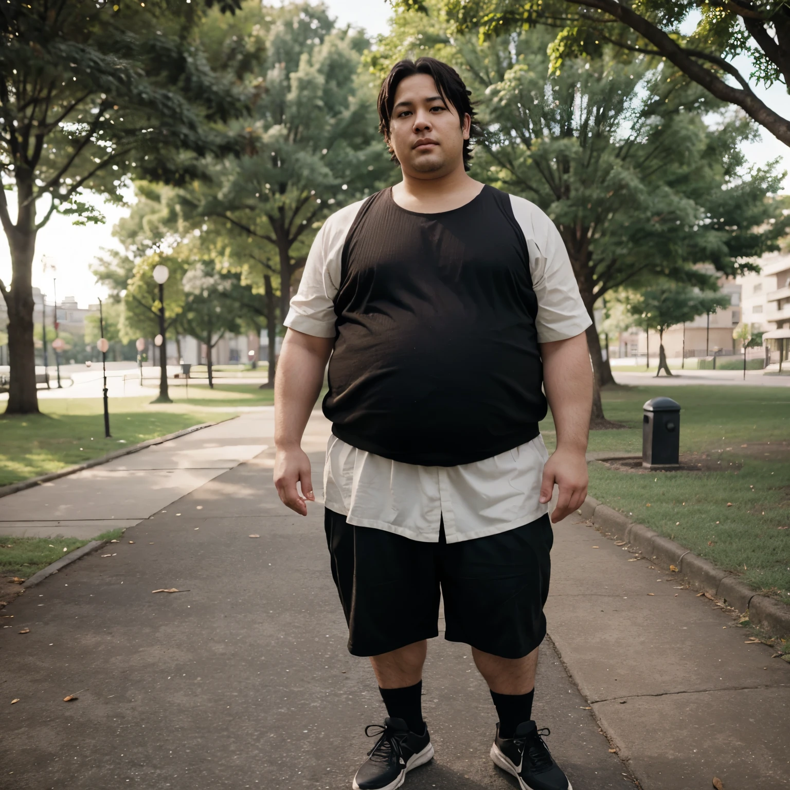 Fat man short brown hair dressed as Sasuke in a park 