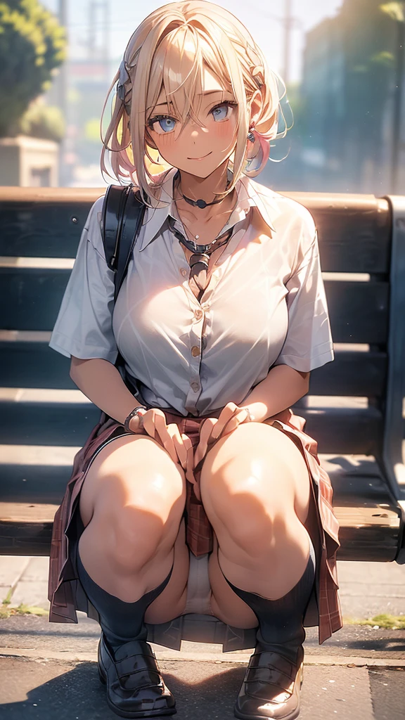 Character Focus、From above(school uniform:1.3), (Plain beige clothing around the waist:1.5), (West knot:1.3), (white collared-shirt:1.4), ((white collar, Unbutton, Short sleeve):1.2), (Red Plaid Pleated Skirt:1.3), ((necklace, Colorful Bracelets, ×Hair accessories):1.2),
Very detailed、(8k, RAW Photos, highest quality, masterpiece:1.2), (extremely detailed 8k wallpaper),shape、Professional Lighting,Sharp focus, Written boundary depth、
Browsing Caution、Clear Eyes、Perfect Anatomy、With a girl、15-year-old student、Black Gal(Dark Skin:1.2)、(Oily skin,Glowing Skin,Shiny skin,Sweat:1.2),smile、Plump thighs、Huge 、Fully exposed、Big Breasts,(gap between buttons:1.4)、Lift up your skirt、blue eyes、blonde、(Compensate:1.1)、(Black High Socks 1.3)、High socks and layered loose socks:1.6、Brown Loafers、sitting、((open legs:1.5)),On the street、Pastel colored pantiesが見えている、((Pastel colored panties))、((Shiny panties))、((Normal position:1.4))、(((Squatting pose))),((I was made to sit with my legs open...))、cowgirl position, squatting, spread legs