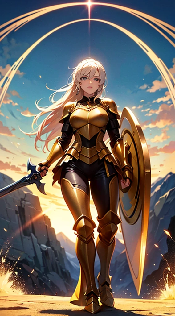 Create a high-quality image of a woman wearing full-body golden armor. She is depicted in a majestic pose, proudly standing amidst a grandiose backdrop. Her armor gleams with the brightness of gold, reflecting the sunlight streaming through the clouds. Her hair cascades over her shoulders, framing her determined and confident face. In her hands, she holds a sword or shield, ready to defend her cause with bravery. In the background, an epic landscape of towering mountains and a vast, infinite sky. This woman is a vision of power and nobility, a fearless leader ready to face any challenge that comes her way.
