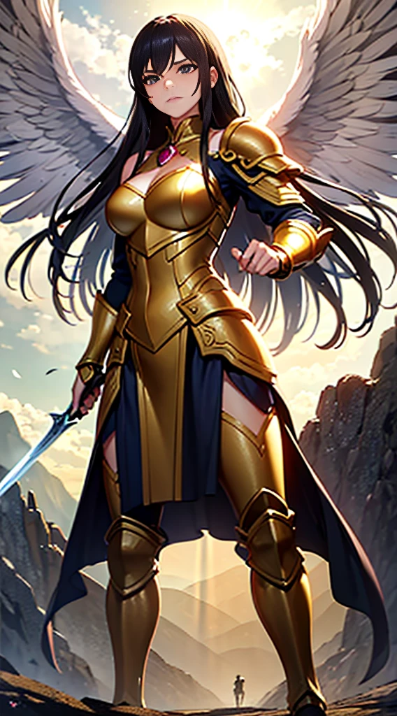 Create a high-quality image of a woman wearing full-body golden armor. She is depicted in a majestic pose, proudly standing amidst a grandiose backdrop. Her armor gleams with the brightness of gold, reflecting the sunlight streaming through the clouds. Her hair cascades over her shoulders, framing her determined and confident face. In her hands, she holds a sword or shield, ready to defend her cause with bravery. In the background, an epic landscape of towering mountains and a vast, infinite sky. This woman is a vision of power and nobility, a fearless leader ready to face any challenge that comes her way.