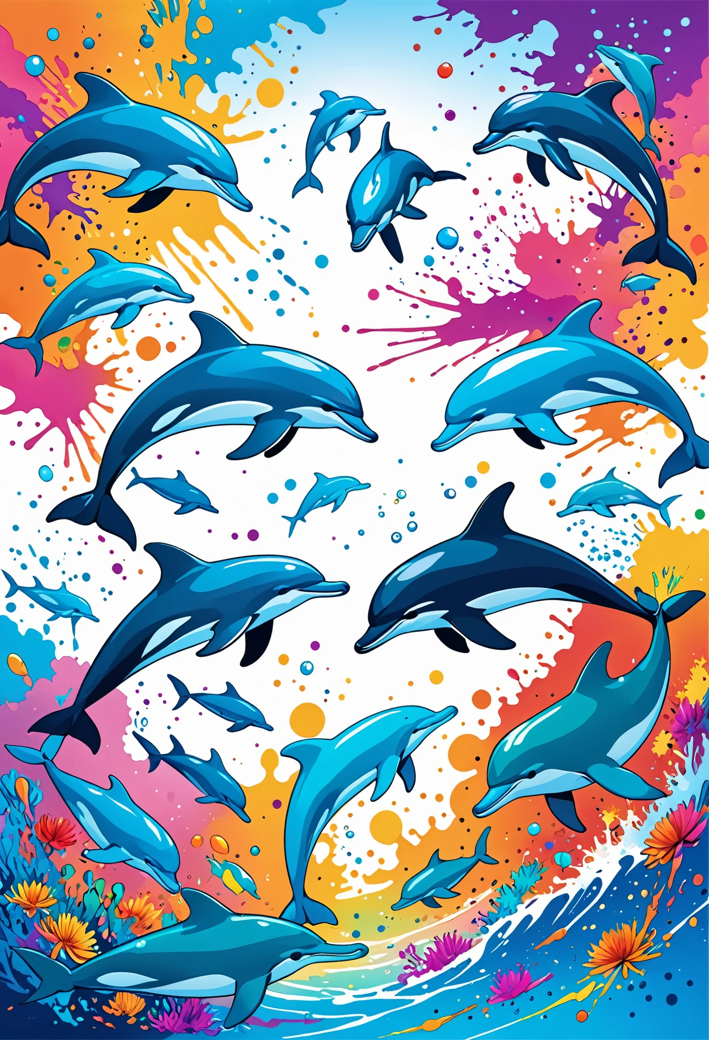 Vector Art, Colorful illustration with many dolphins, In the center, Vibrant colors, Paint splatters and stains, High Detail, Underwater swimming background