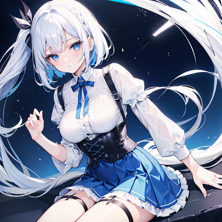 Blue Skirt　Black corset　garter belt　White short-sleeved dress shirt　Thin blue ribbon　White Hair　Bob hairstyle with a light perm　White socks　night　Blue Eyes　blue Moon　Girl　one person