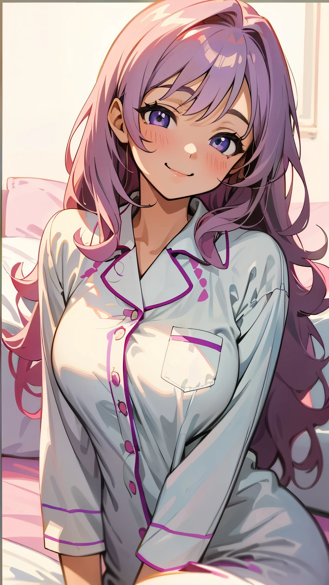 18-year-old girl sitting on bed、alone、Anime style painting、Wearing pajamas、beautiful purple beautiful eyes, Light khaki long hair,  Big and ample breasts、smile、smile、The soft texture of pajamas、Upper body close-up、Colors based on pink and white、Background Blur、Depth of the drawn border