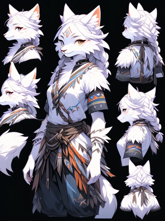 ( Absurdly , High quality , ultra detailed ) ,( hand detailed ) , 1girl, solo, mature, (concept art, character sheet), absurdres(highly detailed beautiful face and eyes)perfect anatomy Solo, sfw, Young Female white fox-cat (((lean-body))) (((medium breasts))) (short snout),(((fur (black stripe) between neck and shoulder towards chest))) ((fur (black stripes) on waist))(ears are darker), (heterochromia (orange, violet)), (cat tail (black at end)), (white hair (single-braided)), (fantasy adventure type clothing ((violet shirt)), (navy-blue belt) khaki pants)), happy ((looking at viewer)) ((Female wolf)) (detailed eyes) (clevedge, (collarbone, shoulders), (solo, (1girl)) ((((fluffy white fur)))) ((extremely detailed fur)) (violet shirt) ((hair in face)) (big braid), sfw, (thin long tail) (heterochromia) (extremely detailed eyes) joyful (((concept art, character sheet, (multiple views)))) ((adventure fantasy, snow tribal clothing)) (snow tribe clothing)