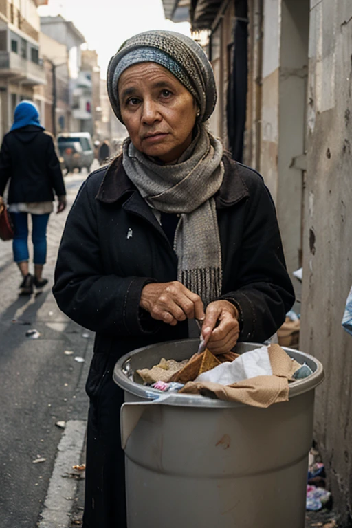 A woman with scarf while looking for food in the garbage, poverty. bad clothes, old woman, head on the garbage, far away on the background street