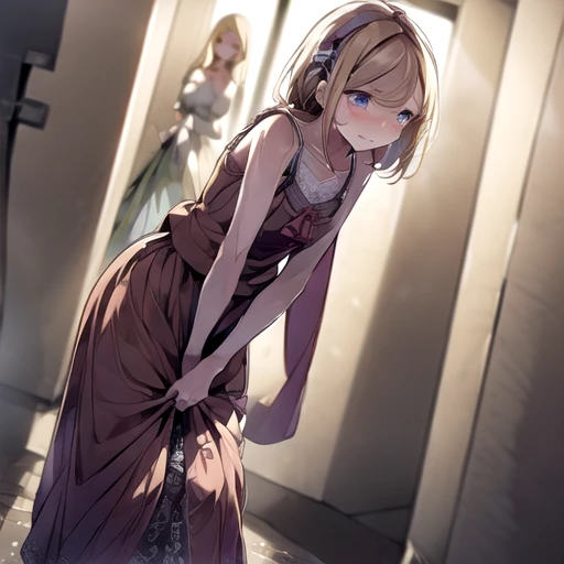 (1 girl, have to pee, peeing herself, peeing, peeing self, crying, very desperate to pee, have to pee, have to pee, peeing, peeing self, peeing, peeing self:1.5), (girl and other many girls waiting in line restroom, maxi dress, Lace bolero, long skirt, foot ware, have to pee, covering pussy, knees together and feet apart, hand between legs:2), (leaning forward:1.8), (erotic twist of the body:1.1), (despair, impatient, timid, full face blush, embarrassed, breathless, simple eyes, no pupils, one’s eyes wandering, moist eyes, dazzling eyes:1.5), (girl can't stand up straight:1.6), (Arch one's back, Thrust out one's chest), (best quality:2), (detailed face, makeup, lips), panicking, scowl, clutch, from side
