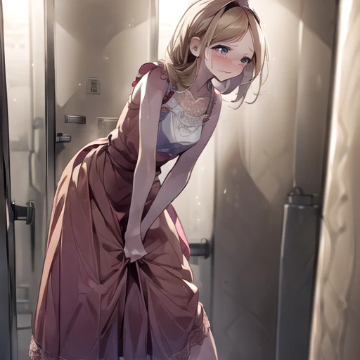 (1 girl, have to pee, peeing herself, peeing, peeing self, crying, very desperate to pee, have to pee, have to pee, peeing, peeing self, peeing, peeing self:1.5), (girl and other many girls waiting in line restroom, maxi dress, Lace bolero, long skirt, foot ware, have to pee, covering pussy, knees together and feet apart, hand between legs:2), (leaning forward:1.8), (erotic twist of the body:1.1), (despair, impatient, timid, full face blush, embarrassed, breathless, simple eyes, no pupils, one’s eyes wandering, moist eyes, dazzling eyes:1.5), (girl can't stand up straight:1.6), (Arch one's back, Thrust out one's chest), (best quality:2), (detailed face, makeup, lips), panicking, scowl, clutch, from side
