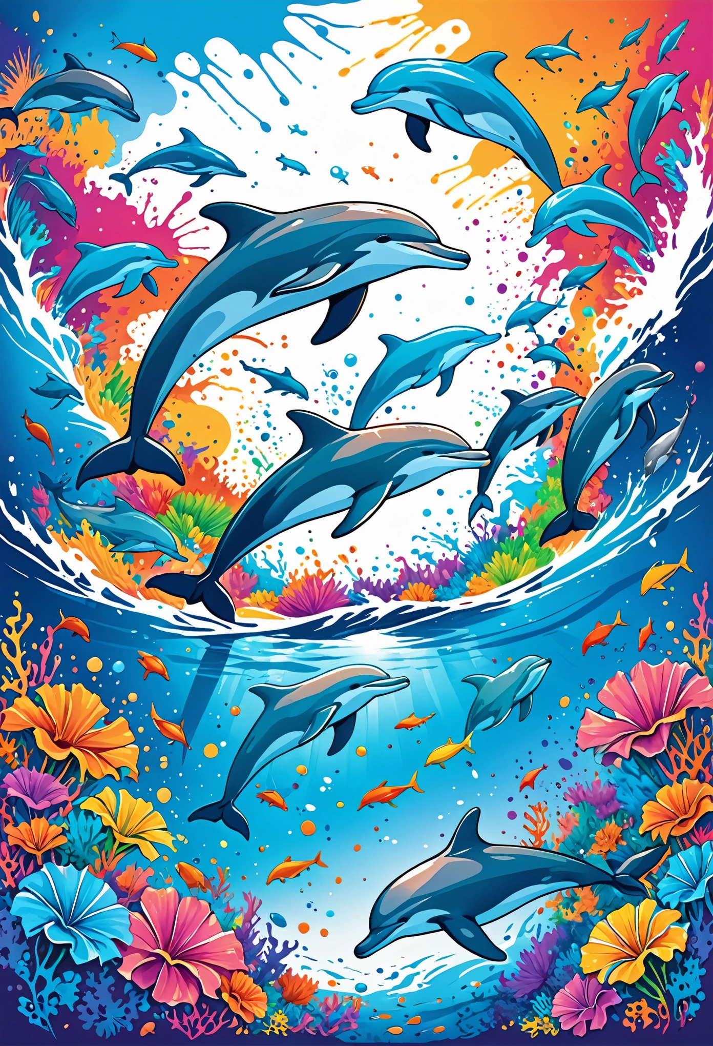 Vector Art, Colorful illustration with many dolphins, In the center, Vibrant colors, Paint splatters and stains, High Detail, Underwater swimming background