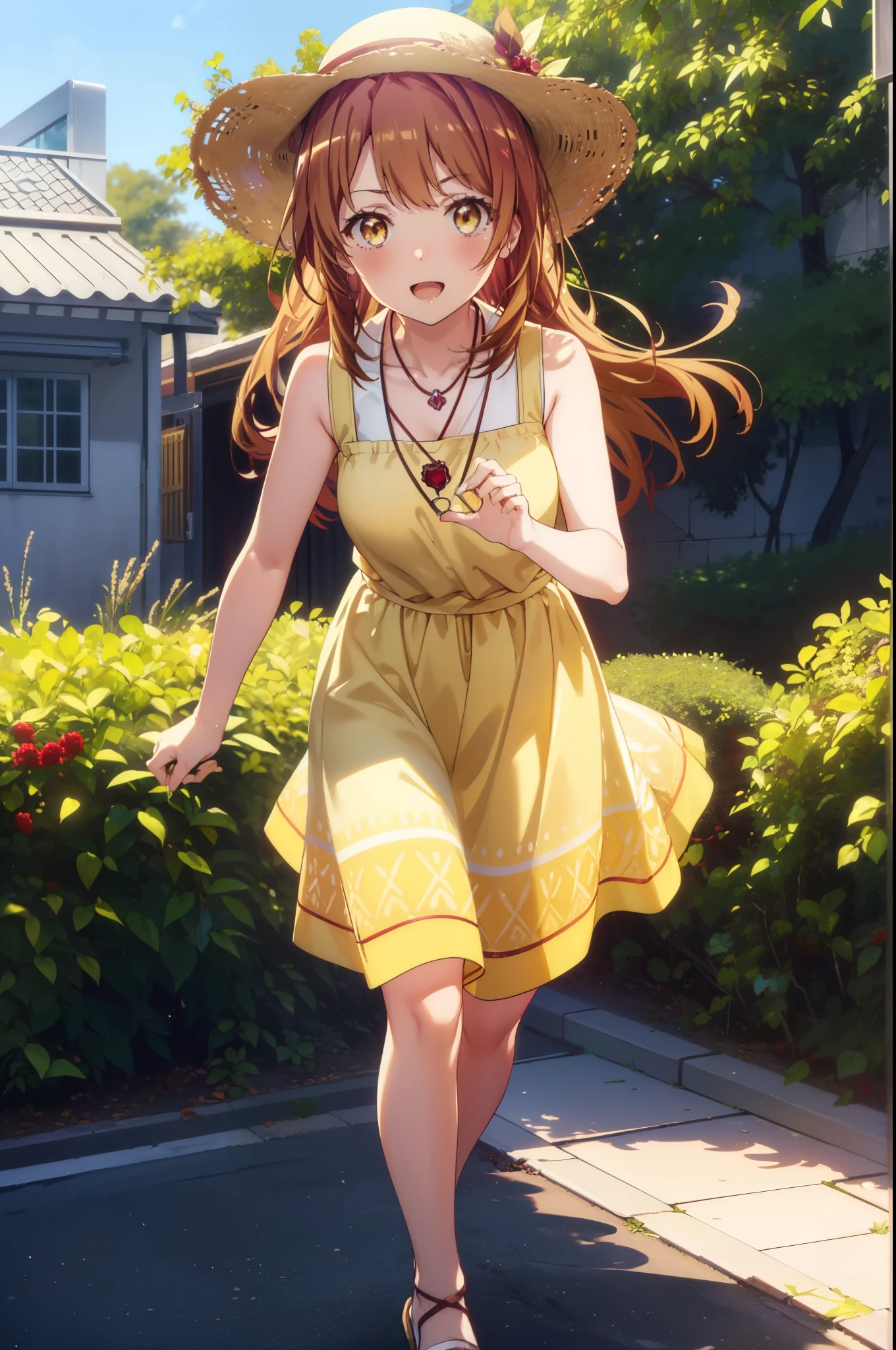 irohaisshiki, Isshiki Iroha, Long Hair, Brown Hair, (Brown ruby eyes:1.5), Sleeveless yellow dress,Yellow long skirt,Bare neck,Locket Necklace,Cute Sandals,Straw hat,happy smile, smile, Open your mouth,Daytime,Clear skies,True Summer,whole bodyがイラストに入るように,Walking,
break outdoors ,公園
break looking at viewer,whole body,
break (masterpiece:1.2), highest quality, High resolution, unity 8k wallpaper, (shape:0.8), (Beautiful and detailed:1.6), Highly detailed face, Perfect lighting, Highly detailed CG, (Perfect hands, Perfect Anatomy),