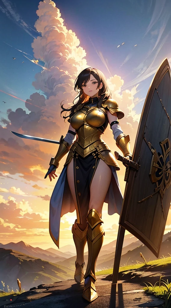 Draw a single woman with black hair and dark skin. Ela veste uma armadura de couro simples medieval. She holds a golden and a red spear in both hands..