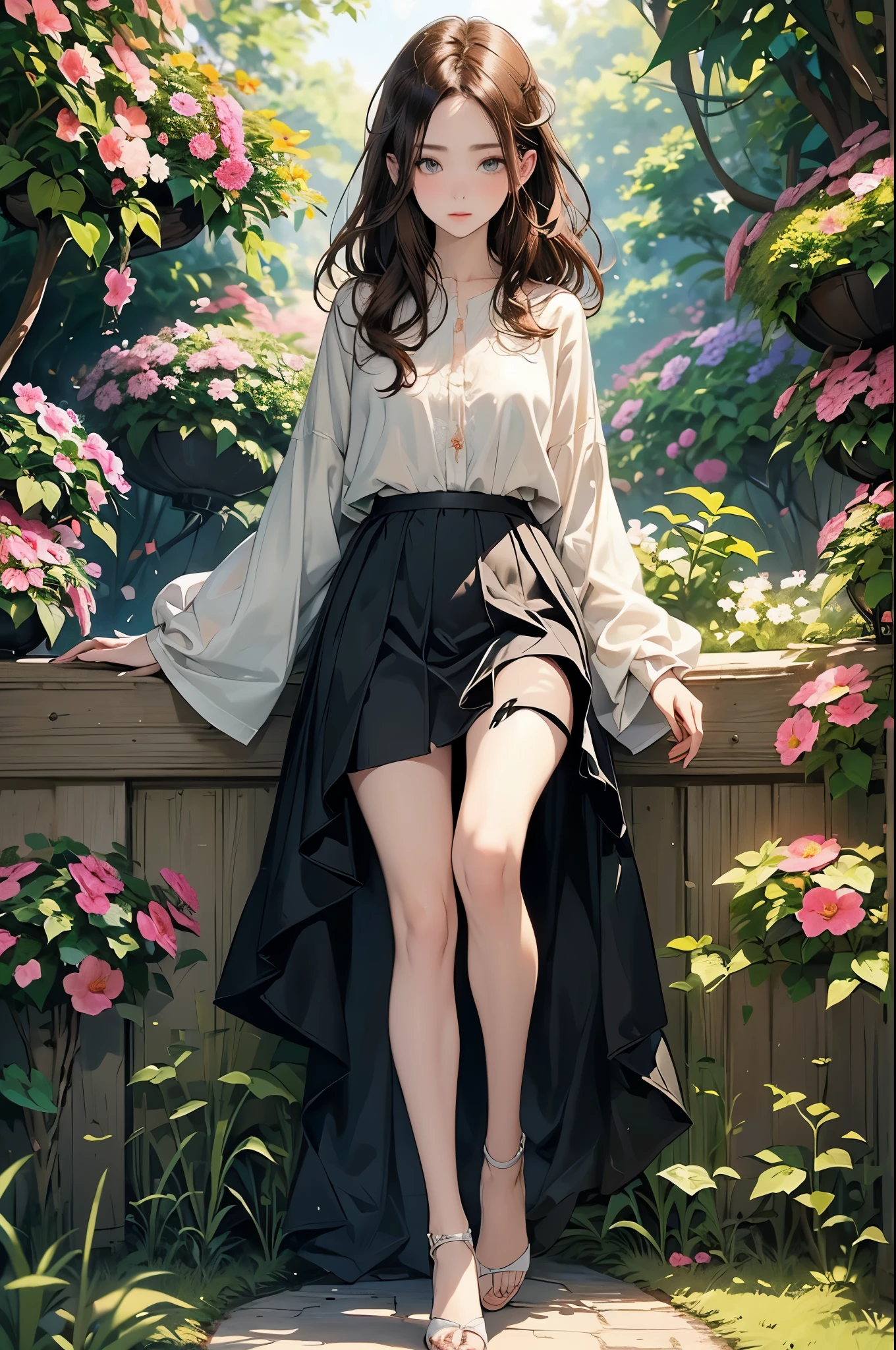 ((Biologically correct limb count))、(( A full-body illustration from toes to face))、4K、Masterpiece、((Eyes with delicate depictions、Detailed depiction of faces、Focus on the face))、((Symmetrical, well-proportioned facial features))、Beautiful woman、Outstanding style、Beautiful clavicle、Beautiful legs、Beautiful Hands、Slender Body、(shirt、skirt、High heels)、Looking up、High angle、The background is a beautiful park with flowers、((Walking posture))、Brown Hair、