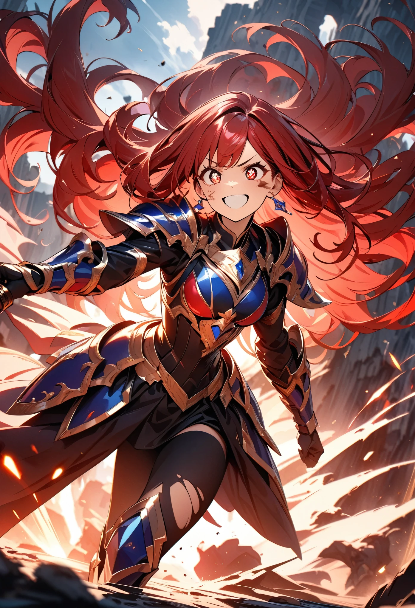 (highest quality:1.2, Very detailed, Latest, Vibrant, Ultra-high resolution, High Contrast, masterpiece:1.2, highest quality, Best aesthetics), (((1 girl))), Woman wielding a large sword, Luxurious Armor, Flowing Hair, Intense expression, Intense battle scenes, Dramatic lighting, Bright colors, Powerful strokes, Red hair, Long Hair, Wavy Hair, Red eyes, jewelry, Earrings, (((Detailed Eye Expression:1.2, Beautiful Skin, Detailed facial expressions))), Flowing Hair, (crazy smile, sparkling eyes), Heroic figures, Detailed armor and weapons, Dynamic pose, War-torn landscape background