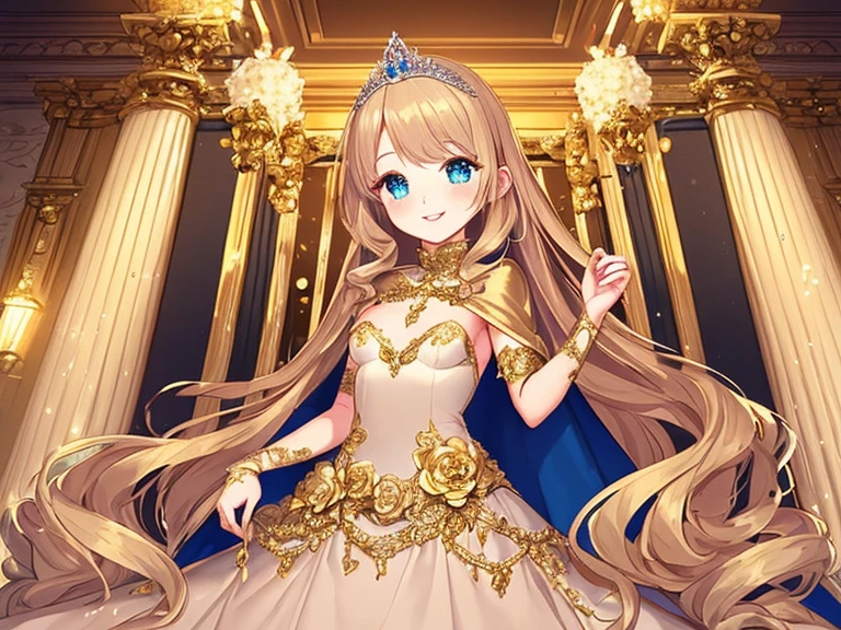 (kawaii),(best quality),(ultra detailed),(rococo style),(long train beige cape:1.15), very long cape,(long train beige ball gown with flower decorations), a girl is wearing a cape over her gown, 1  princess, tiara with blue jewelry, smile, very long hair, small breasts, beautiful detailed eyes, beautiful detailed lips