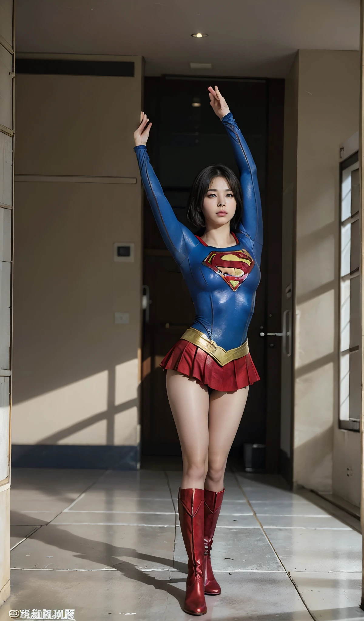 No background、extinct、She always looks distressed、Always close your eyes、Keep your arms up at all times、Always with your arms in the air、(((Beautiful legs in black tights.)))、(((Stretch your legs、expensive、あなたのsufferingを合法的に表現する)))、((((Make the most of your original images)))、(((Supergirl Costume)))、(((Beautiful short bob hair)))、(((suffering)))、(((Black tights legs、Wear red boots)))、((Best image quality、8k))、((highest quality、8k、masterpiece:1.3))、(((Preserve background )))、Sharp focus:1.2、Beautiful woman with perfect figure:1.4、Slim Abs:1.2、Wet body:1.5、Highly detailed face and skin texture、8k