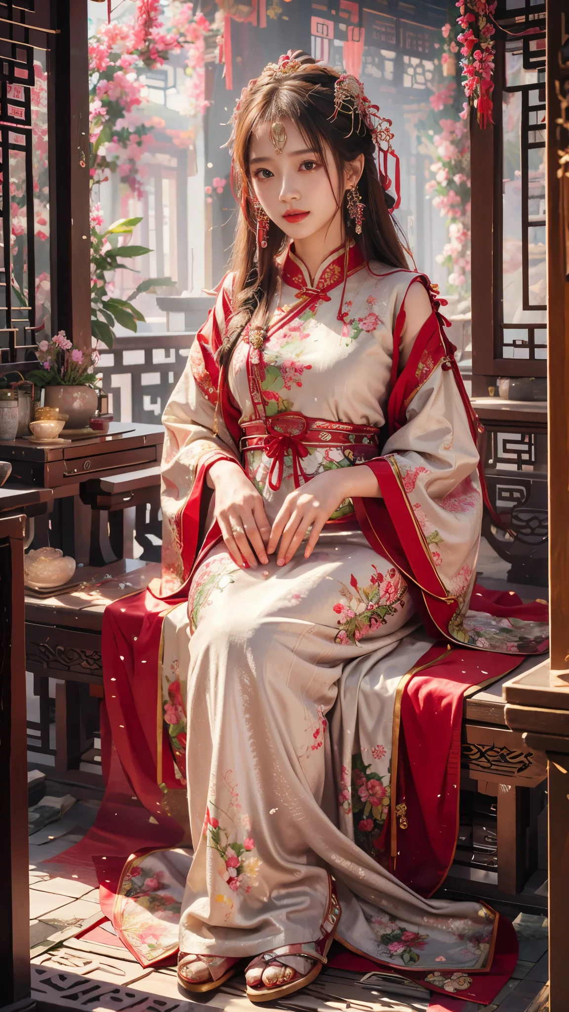 realistic,1girl,long hair,solo,chinese clothing,dress,jewelry,looking at viewer,hair ornament,earrings,white dress,looking at viewer,flower,facial mark,