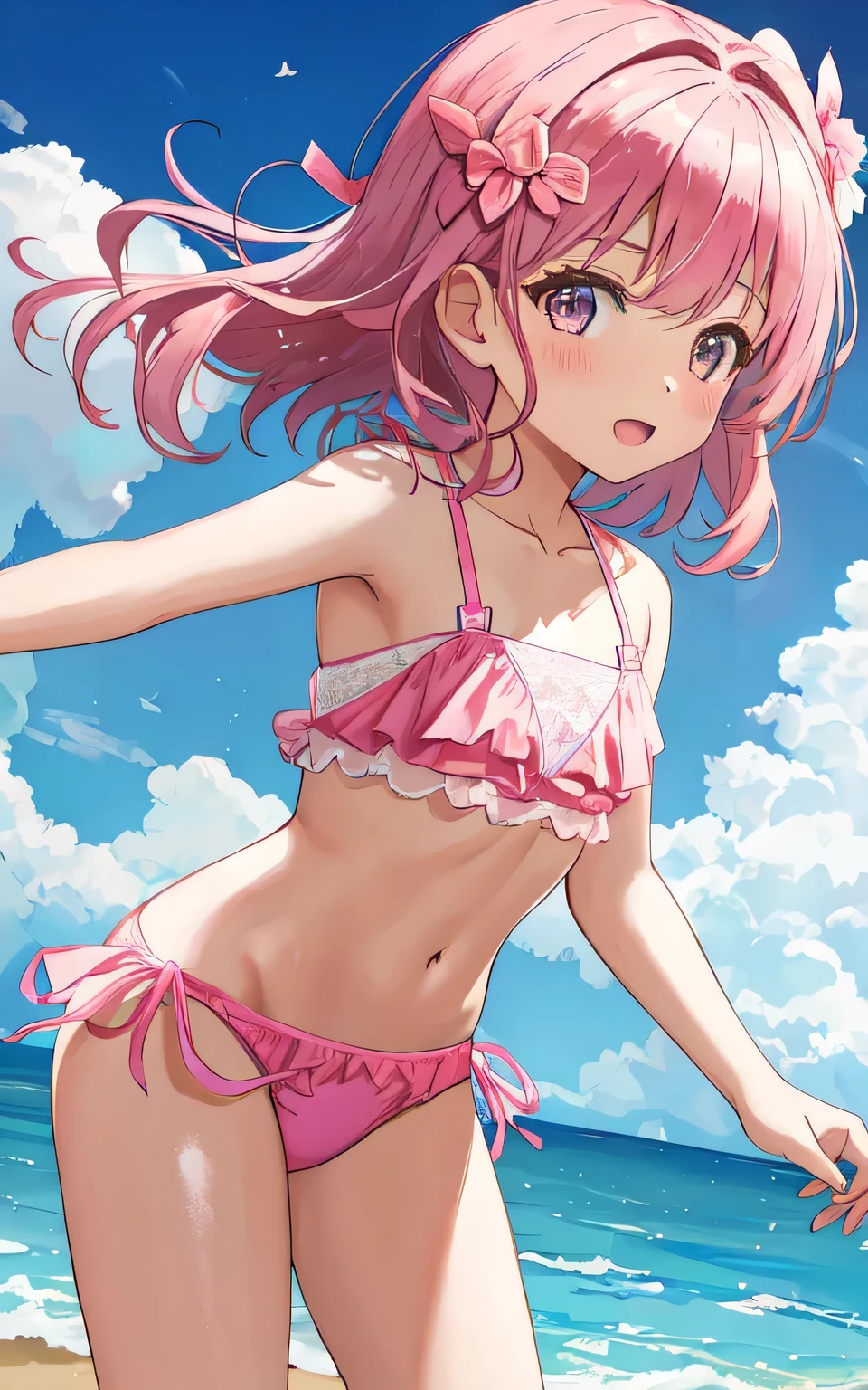A 6--old l in a pink lace bikini swimsuit on the beach