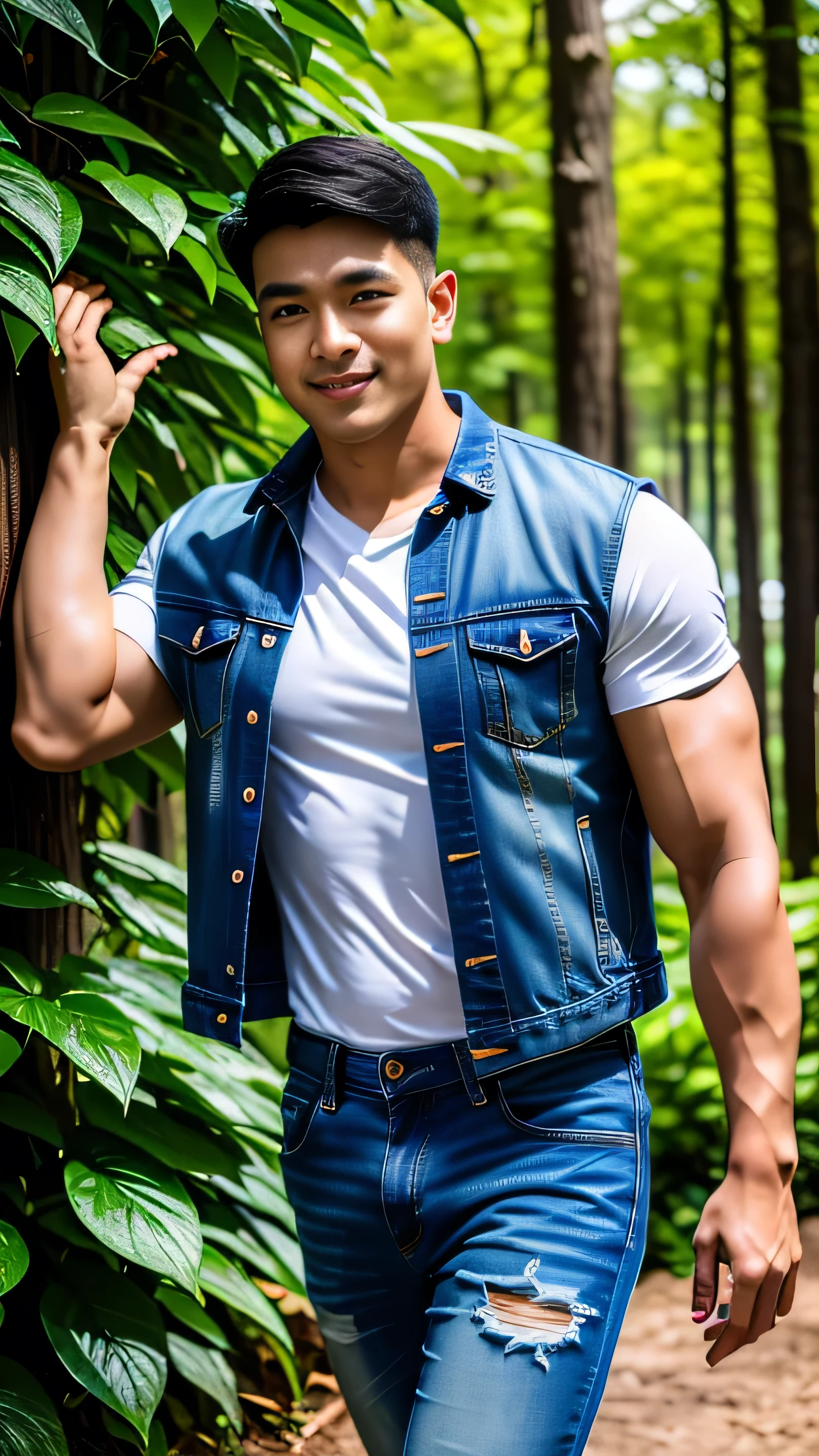 Masterpiece, best quality, High quality, วอลล์เปเปอร์ CG unity 8k ที่มีvery detailed, depth of field, HDR,,Realistic picture,very detailed, 1 man smiling, Indian, black short hair, (Wear a white t-shirt, Short sleeve blue denim jacket), chest muscles, Big arm muscles, blood vessel, big muscles, Broad shoulders, looking at the audience, Balancing the eyes, professional photography, advertising shoot, face looking at camera, Portrait from the side, realistic, with the sunset atmosphere, Walking into the dark forest with a camera