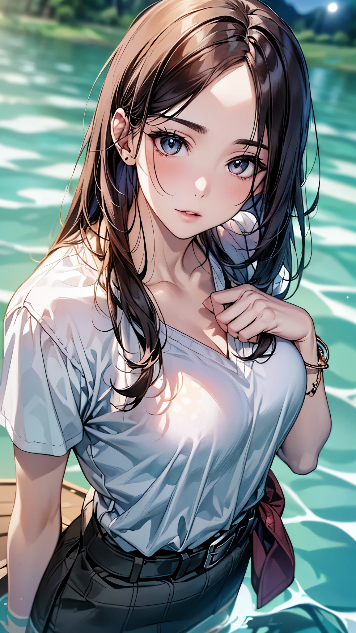 ((Biologically correct limb count))、(( whole body including face))、4K、Masterpiece、((Focus on the face))、((Symmetrical, well-proportioned facial features))、Eyes with delicate depictions、(((1 person)))、Beautiful woman、Outstanding style、Slender Body、(High heels with anklets、Shiny Stockings)、(((shirt、Checked skirt)))、(((White belt photo)))、((Looking up))、Shy、(((Riverside、Stand on the surface of the water)))、(((Close-up photo of the upper body)))、High angle、night、
