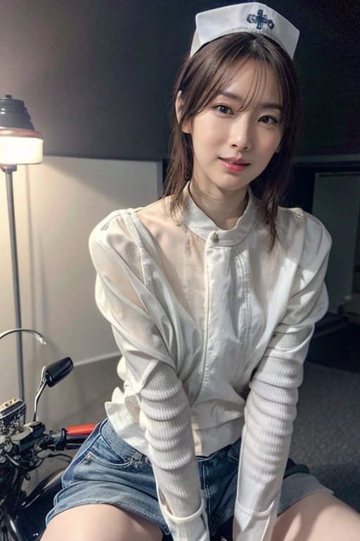 highest quality、8K、Super detailed、Official Art, highest quality, unity 8k wallpaper, masterpiece, Very detailed, 超A high resolution, Best illustrations, So ridiculous:1.2), (Cinema Lighting:1.2), Best Shadow, Side light, (Highly detailed and exquisite 3D rendering), 細部までBeautiful Faceと目, thin, 1men and women, Medium Bust, (whole body:1.2), Beautiful Face, 18 year old beautiful girl, (Very detailed肌、Detailed skin texture:1.0), (Riding on motorcycle:1.3), nurse, White Bike, nurse Cap, short hair, ponytail, (Thighs Thighs Thighs Thighs:0.8),((Spread your legs))、 First aid kit, mischief, Laughing with your mouth open, Highway at night, quickly,
