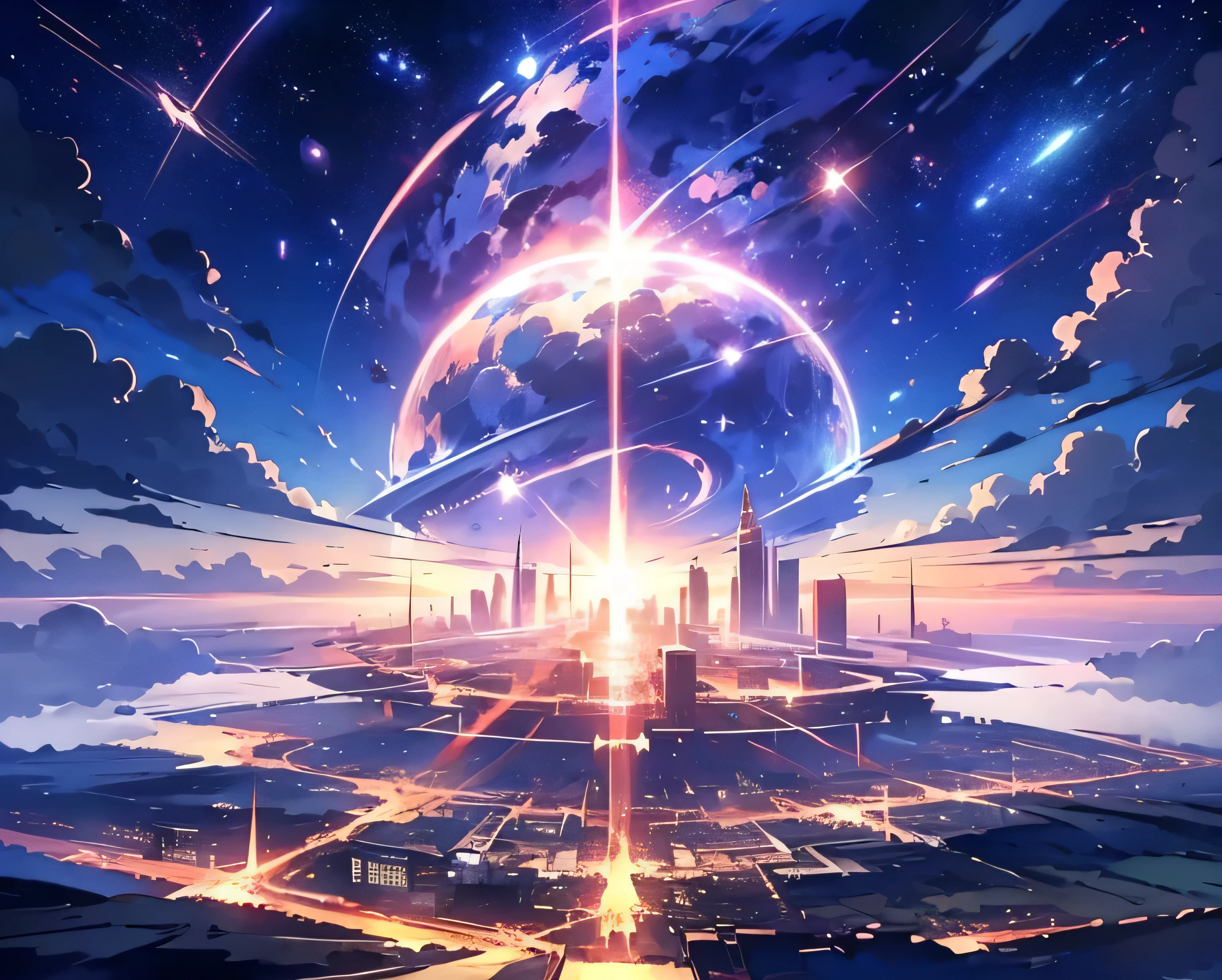 Beautiful sky anime scene with stars and planets, Abandoned city floating on the sea,Space Sky. by makoto shinkai, anime art wallpaper 4k, anime art wallpaper 4k, anime art wallpaper 8k, anime wallpaper 4k, anime wallpaper 4k, 4k anime wallpaper, Anime Sky, Awesome Wallpapers, Anime Background, Heavenly planets in the background, Anime Background art