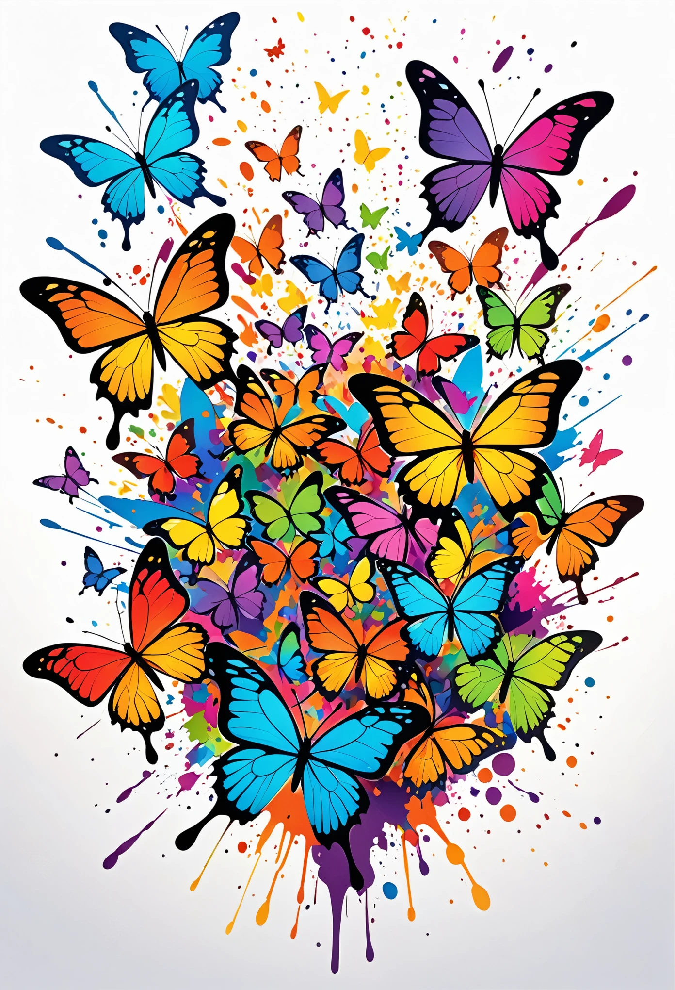 Vector Art, Colorful illustration with lots of cartoon butterflies, In the center, Vibrant colors, Paint splatters and stains, High Detail, White background
