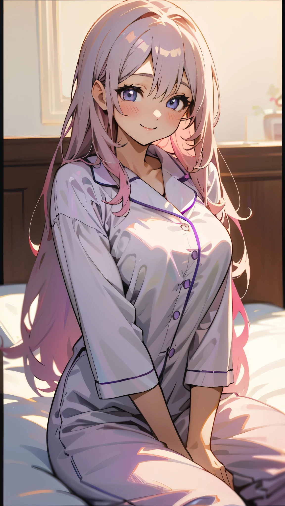 18-year-old girl sitting on bed、alone、Anime style painting、Wearing pajamas、beautiful purple beautiful eyes, Light khaki long hair, Big and ample breasts、smile、smile、The soft texture of pajamas、Upper body close-up、Colors based on pink and white、Background Blur、Depth of the drawn border