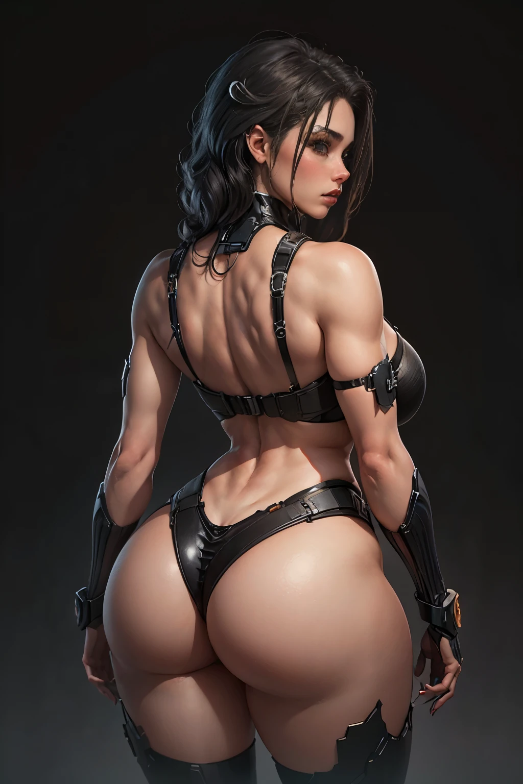Character sheet, multiple poses, back view, A beautiful cyberpunk woman wearing a transparent laced lingerie, , showcasing the latest fashion in a futuristic world. The artwork is of the highest quality, with a mature and detailed depiction (1.4x), truly a masterpiece. The image is created using 3D rendering techniques, allowing for realistic and immersive details. The use of HDR (High-range dynamics) ensures a vibrant and dynamic display of light and color. The ray tracing technology provided by NVIDIA RTX enhances the realism and provides lifelike reflections and shadows. Super-resolution techniques are used to achieve maximum clarity and sharpness in the image. The composition is enhanced by the use of unreal 5 engine, which allows for detailed underground dispersal scenes. PBR (Physically-Based Rendering) texturing is employed to accurately simulate the interaction between light and material, resulting in stunning surface shading. The post-processing techniques further enhance the visual impact of the artwork. Anisotropic filtering is used to minimize texture distortion and preserve details, while the depth of field effect adds a sense of depth and focus to the image. The artwork is created with precise attention to detail, ensuring perfect proportions and lifelike features. Octane rendering technology brings the image to life with its rich colors and textures. The lighting is carefully designed with a two-tone setup to create a dramatic atmosphere. A large aperture and low ISO are used to capture the perfect exposure, while the white balance is set to enhance the overall color tone. The composition follows the rule of thirds, bringing balance and harmony to the image. The artwork is rendered in 8K resolution, allowing for maximum detail and clarity. The lingerie costume of the woman is specially designed to reflect her curvaceous body, big butt