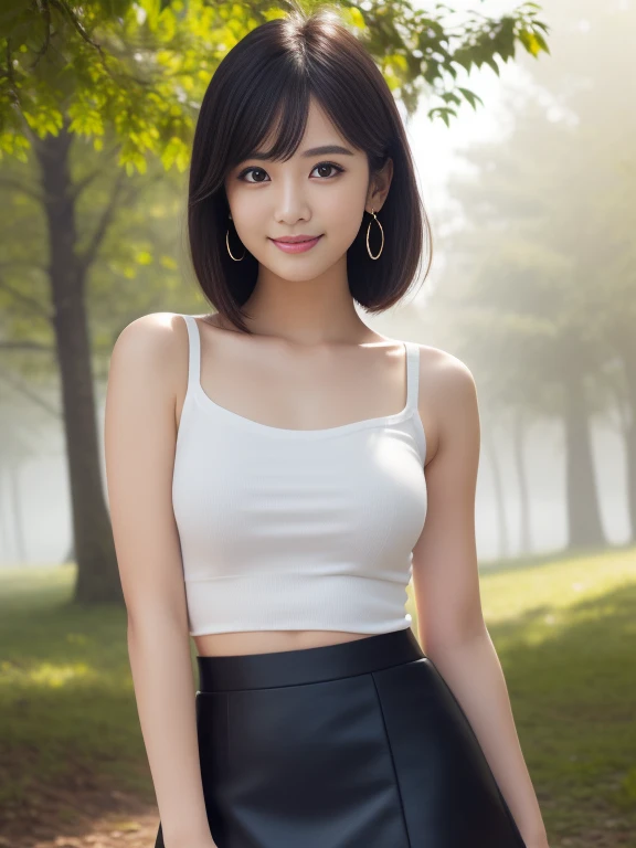 (masterpiece)、(highest quality:1.5)、(16K Wallpaper:1.2)、(Photorealistic:1.2)、(Ultra-detailed:1.2)、(超A high resolution:1.2),(Surreal), (figure), (High resolution), (Very detailed), (best figure), (Professional), (Realistic), (Post-processing), (maximum detail), (Very detailed),(Sharp focus), Sharp focus:1.2,Photorealistic, Ultra-realistic, Backlight, Bright light, (Improvement of quality:1.4),
Healthy thighs、Narrow waist、Big Ass、(Beautiful legs)、((Perfectly detailed five-fingered hands)),(Anatomically correct body)、((1 female:1.4))、Realistic Skin、(Small chest:1.4),Pretty woman with perfect figure:1.4,(from the front:1.5), (Enhances the beauty of skin texture:1.1),
(Beautiful fine details), (Detailed face),Beautiful realistic face,No makeup、美しいBlack Hair、Super Beauty、The best smile、Natural color lip、Even bangs、((29-year-old woman))、Bob Hair、Hair blowing in the wind, (Black Hair, Iris, Watery eyes, Shining Eyes, Short Bob Cut, Small earrings, Lightly reddish), Hair behind the ear、No makeup、
((tuck mini skirt, White tank top:1.3)),Are standing),(Lift up your skirt to show your underwear),
(Foggy morning forest),(Huge park), Natural light, full length