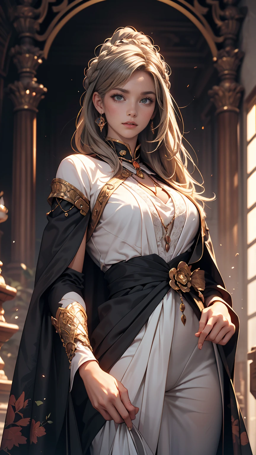 Surrealistic Female Character Art by David Hockney and Alphonse Mucha, Fantasy art, Realistic art, Dynamic Lighting, Art Station, Volumetric lighting, Highly detailed face, 8k yen,Full HD, Awards,, One girl, In the Dark, Deep Shadow, Modest, Cowboy Shot, (Official Costume: 1.4), Long Hair, Gray Hair, Dyeing hair with black light