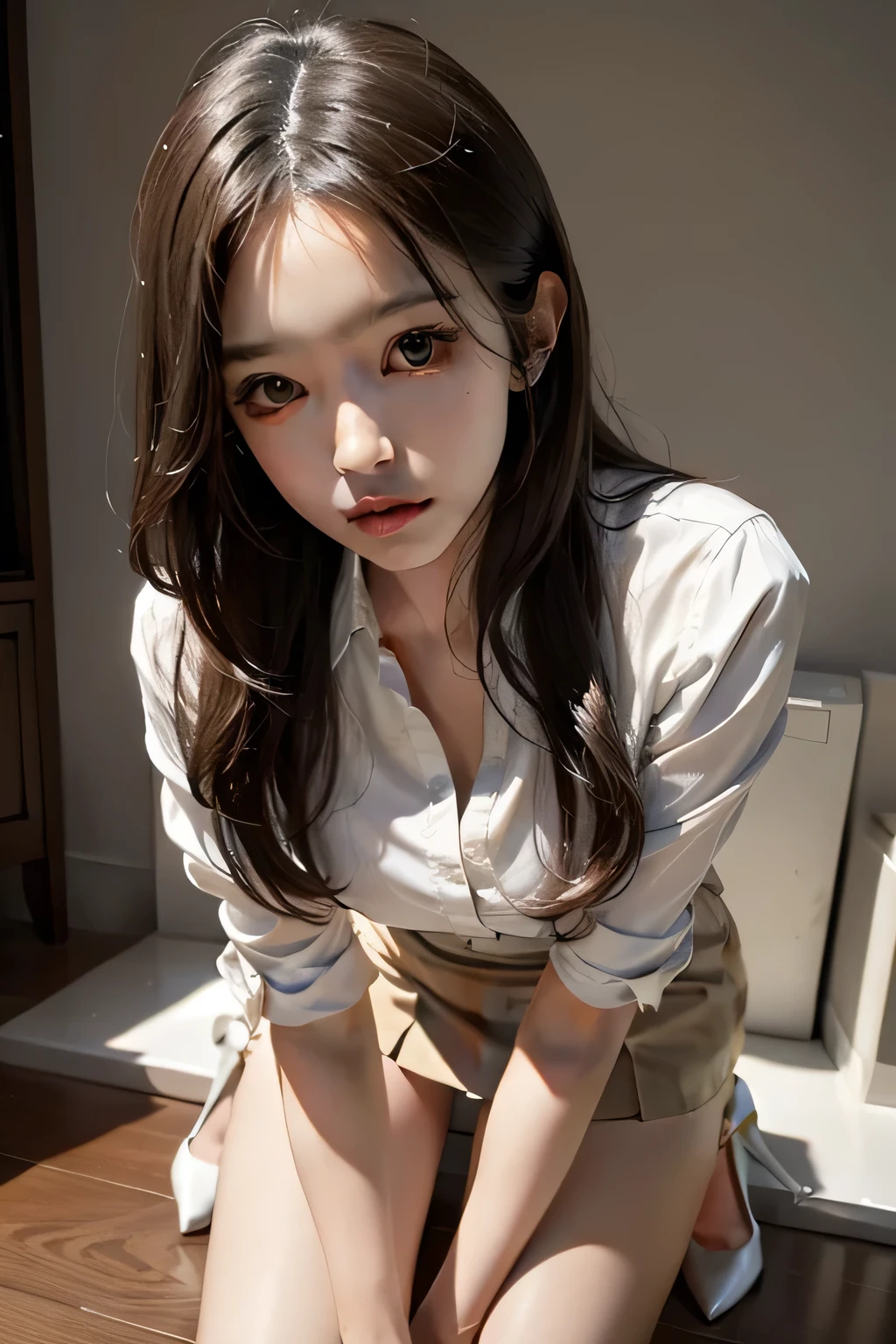 long legs、feminine、white shirt、mini skirt、high heels,very delicate face,realistic lighting and shading, (Very delicate and beautiful art)1.3, It&#39;s elegant,dramatic shadow、very detailed。high quality、High resolution、16k、RAW、超High