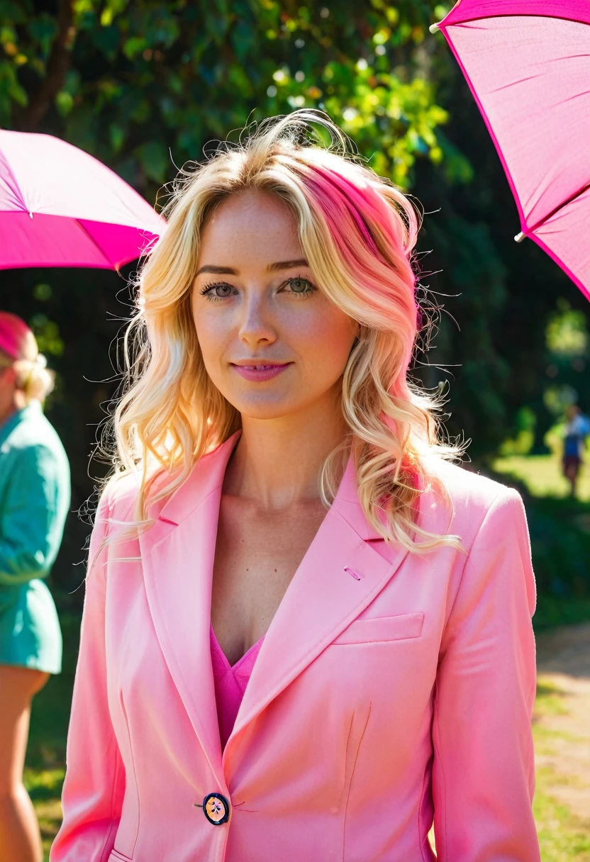 Midday Mystery:

Subject: A blonde woman (22) with messy hair, dressed in a pink power suit with mismatched buttons, stands in a sun-drenched park, holding a pink umbrella with a question mark design. A crowd of strangers in varying shades of pink gathers around her, each holding a pink object.
Technical: High-resolution camera (e.g., Canon EOS R5), zoom lens (e.g., 70-200mm), focus on the woman's curious expression and the sea of pink, bright sunlight with slight lens flare.