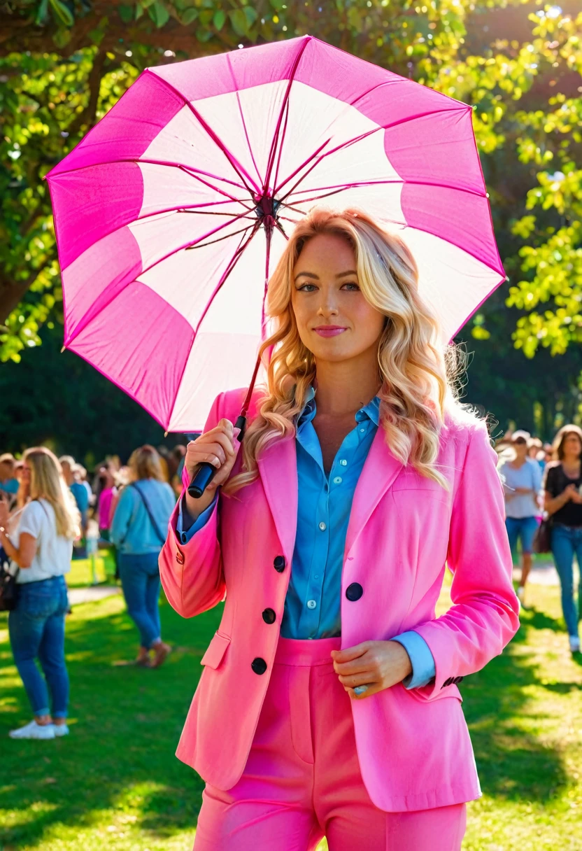 Midday Mystery:
Subject: A blonde woman (22) with messy hair, dressed in a pink power suit with mismatched buttons, stands in a sun-drenched park, holding a pink umbrella with a question mark design. A crowd of strangers in varying shades of pink gathers around her, each holding a pink object.
Technical: High-resolution camera (e.g., Canon EOS R5), zoom lens (e.g., 70-200mm), focus on the woman's curious expression and the sea of pink, bright sunlight with slight lens flare.