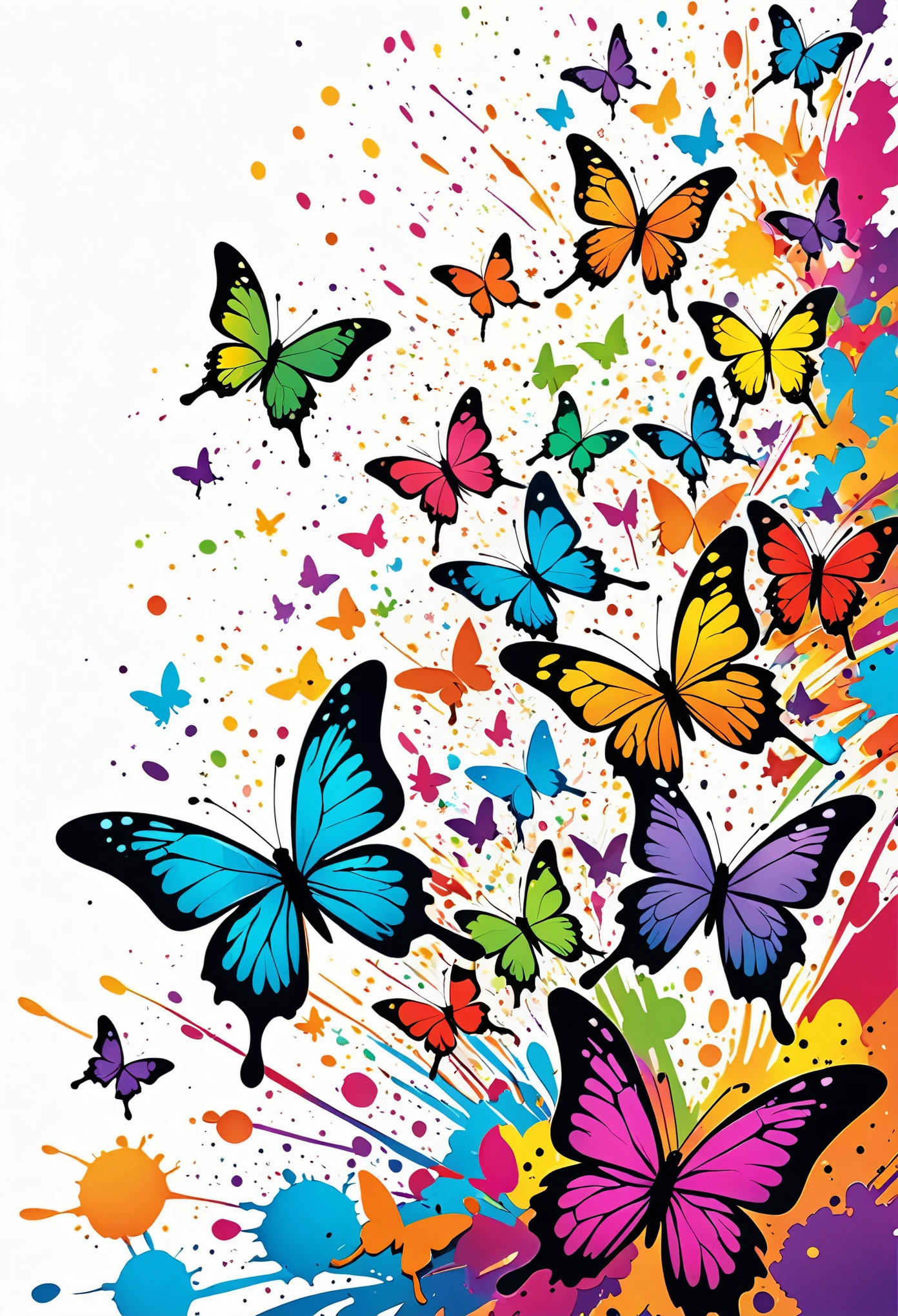 Vector Art, Colorful illustration with lots of cartoon butterflies, In the center, Vibrant colors, Paint splatters and stains, High Detail, White background