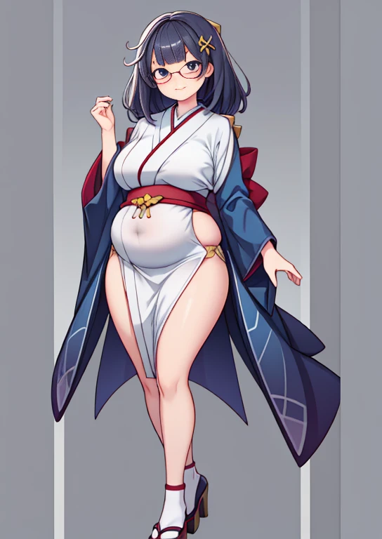 (masterpiece, best quality, highly detailed), 1girls, big belly, huge belly, art by kipteitei, round belly, chubby, curvy, belly grab, enormous belly, fat belly, thicc, bigger belly, really big belly, jiggly belly, glasses, japanese traditional clothes, tight breasts, ((long legs, tall)), high heels, smug face, ((full body)), (dominant)