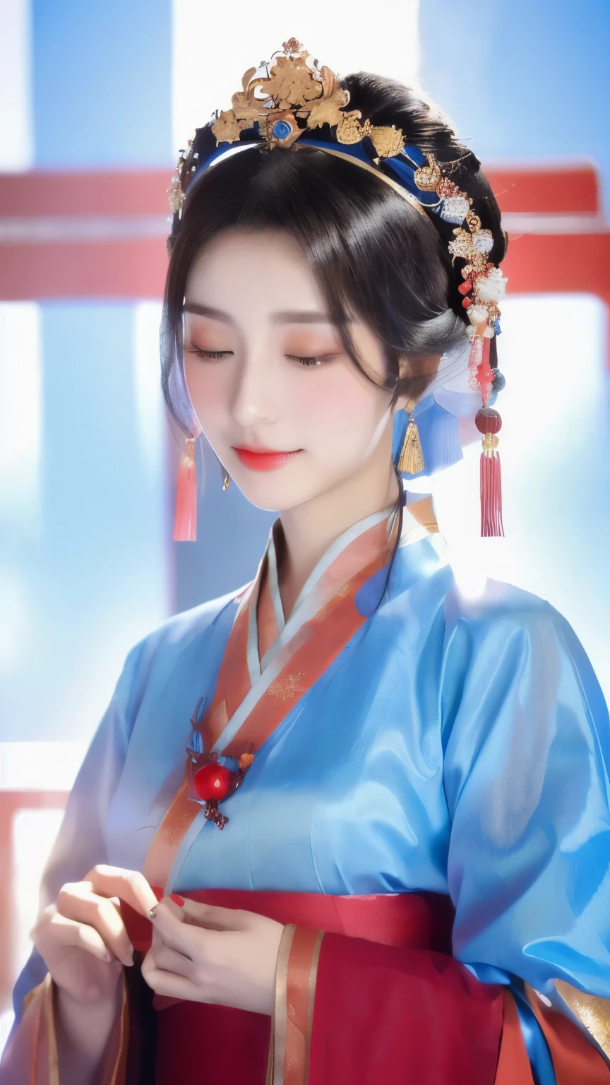 arafed woman in a Light blue dress with a red necklace and a red and gold necklace, palace ， a girl in hanfu, hanfu, wearing ancient chinese clothes, chinese style, traditional chinese, traditional beauty, traditional chinese clothing, white hanfu, with acient chinese clothes, chinese costume, ancient chinese princess, chinese dress, with ancient chinese aesthetic