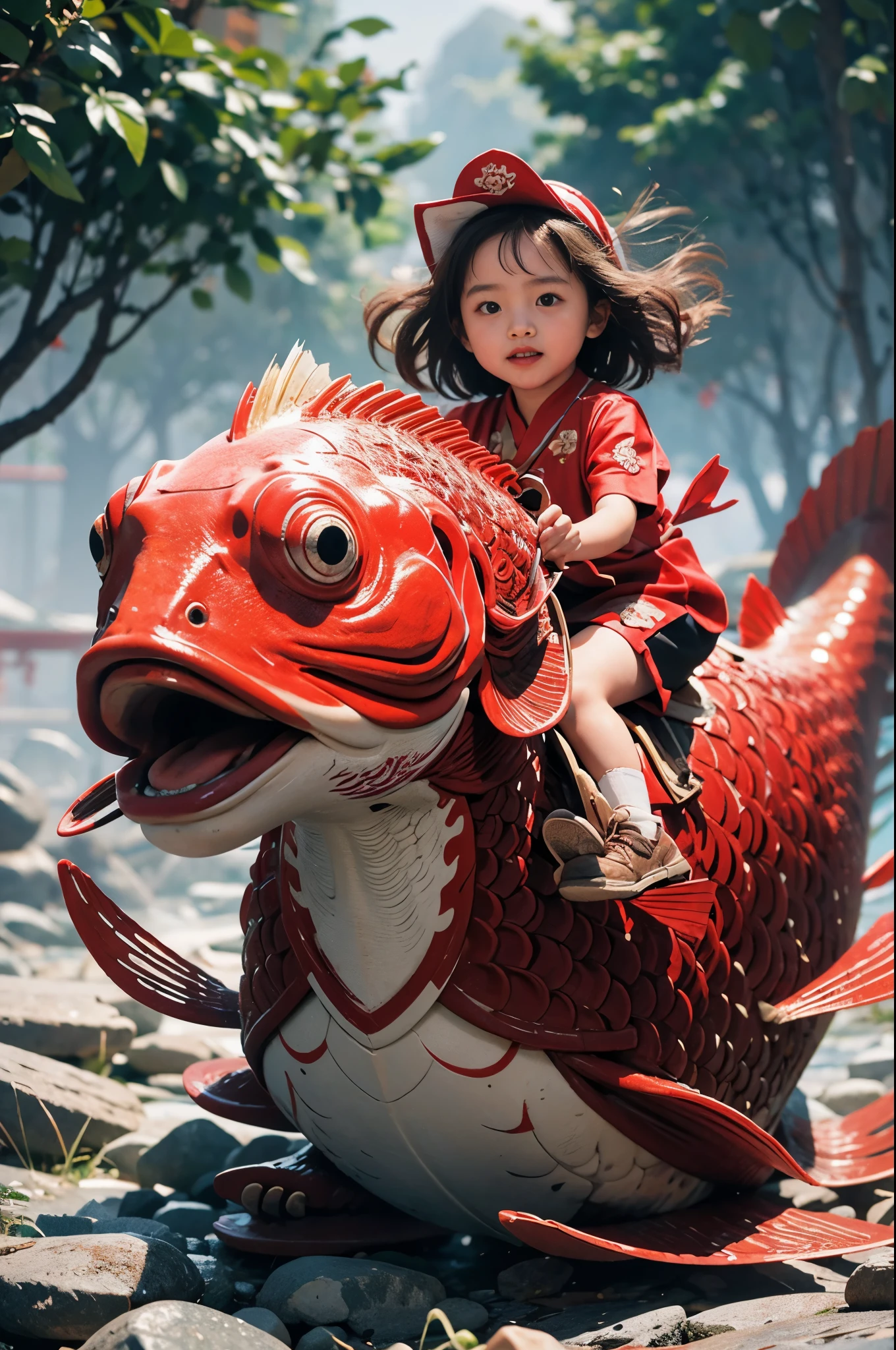 1girl,red fish,kid,chinese clothing,masterpiece,best quality,ultra-detailed,riding,