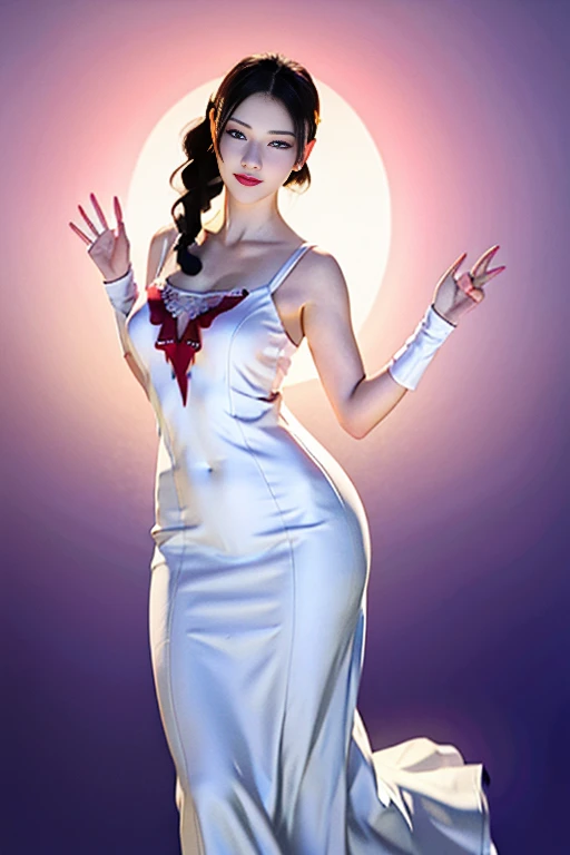 Narrow eyes, 1 girl, all white, expressionless, bob, bob, forehead, relief, black hair, bob, solo, cowgirl, transparent one-piece, ((extremely voluptuous breasts)), narrow slit eyes, black eyes, sparkling light eyes , black hair, gloves, dress, luxurious jewelry, earrings, piercing eyes, elbow grooves, hands raised and hair tied back, random color, random color mesh dress, long eye makeup, narrow eyes, smile, lipstick, intricate petals Pattern, rim light, backlight, pastel color, studio lighting, ((half body)), (full body)