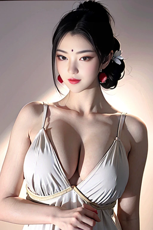 Narrow eyes, 1 girl, all white, expressionless, bob, bob, forehead, relief, black hair, bob, solo, cowgirl, transparent one-piece, ((extremely voluptuous breasts)), narrow slit eyes, black eyes, sparkling light eyes , black hair, gloves, dress, luxurious jewelry, earrings, piercing eyes, elbow grooves, hands raised and hair tied back, random color, random color mesh dress, long eye makeup, narrow eyes, smile, lipstick, intricate petals Pattern, rim light, backlight, pastel color, studio lighting, (half body), full body