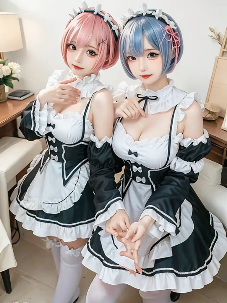 Accurate depiction with high resolution,(8K, Photorealistic, Raw photo, of the highest quality: 1.3), (1girl in), Super beautiful, (Realistic face), (boyish, pink Color Berry Shorthair), Beautiful , Glare that captivates the viewer, Beautiful expression, Beautiful breasts, (Realistic skin), Be...Create a detailed and colorful image of Ram and Rem from Re:Zero, standing back-to-back in their maid outfits, with a magical fantasy background、14years old, two girls,cute, perfect face, beautiful, nice body, gothic ta clothes, gothic loliashion, frilly skirt, headdress, necklace, bracelet, knee-high socks, boots, double eyelids, tear bags, Detailed down to the fingers, photo-like description, indoors, dim indoor lighting, one girl is pink hair and short bob, another girl is light blue hair and short bob,standing,whole body, composition that shows the whole body, smiling,The Both of them are wearing the same type of maid outfit,Optimal ratio of 4 fingers and 1 thumb