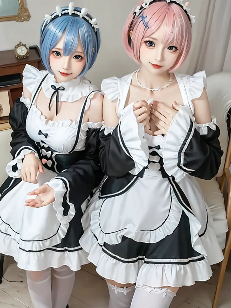 Accurate depiction with high resolution,(8K, Photorealistic, Raw photo, of the highest quality: 1.3), (1girl in), Super beautiful, (Realistic face), (boyish, pink Color Berry Shorthair), Beautiful , Glare that captivates the viewer, Beautiful expression, Beautiful breasts, (Realistic skin), Be...Create a detailed and colorful image of Ram and Rem from Re:Zero, standing back-to-back in their maid outfits, with a magical fantasy background、14years old, two girls,cute, perfect face, beautiful, nice body, gothic lolita clothes, gothic lolita fashion, frilly skirt, headdress, necklace, bracelet, knee-high socks, boots, double eyelids, tear bags, Detailed down to the fingers, photo-like description, indoors, dim indoor lighting, one girl is pink hair and short bob, another girl is light blue hair and short bob,standing,whole body, composition that shows the whole body, smiling,The Both of them are wearing the same type of maid outfit,Optimal ratio of 4 fingers and 1 thumb