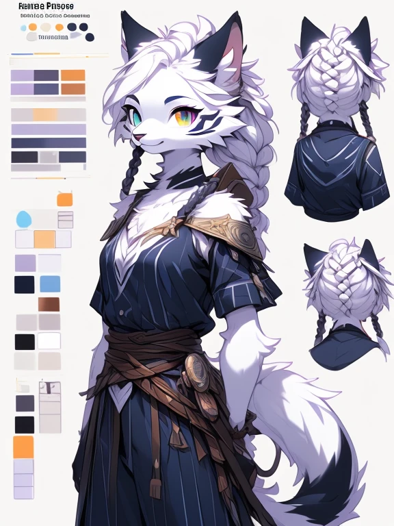 ( Absurdly , High quality , ultra detailed ) ,( hand detailed ) , 1girl, solo, mature, (concept art, character sheet), absurdres(highly detailed beautiful face and eyes)perfect anatomy Solo, sfw, Young Female white fox-cat (((lean-body))) (((medium breasts))) (short snout),(((fur (black stripe) between neck and shoulder towards chest))) ((fur (black stripes) on waist))(ears are darker), (heterochromia (orange, violet)), (cat tail (black at end)), (white hair (single-braided)), (fantasy adventure type clothing ((violet shirt)), (navy-blue belt) khaki pants)), happy ((looking at viewer)) (detailed eyes) (clevedge, (collarbone, shoulders), (solo, (1girl)) ((((fluffy white fur)))) ((extremely detailed fur)) (violet shirt) ((hair in face)) (big braid), sfw, (thin long tail) (heterochromia) (extremely detailed eyes) joyful (((concept art, character sheet, (multiple views)))) ((adventure fantasy clothing))