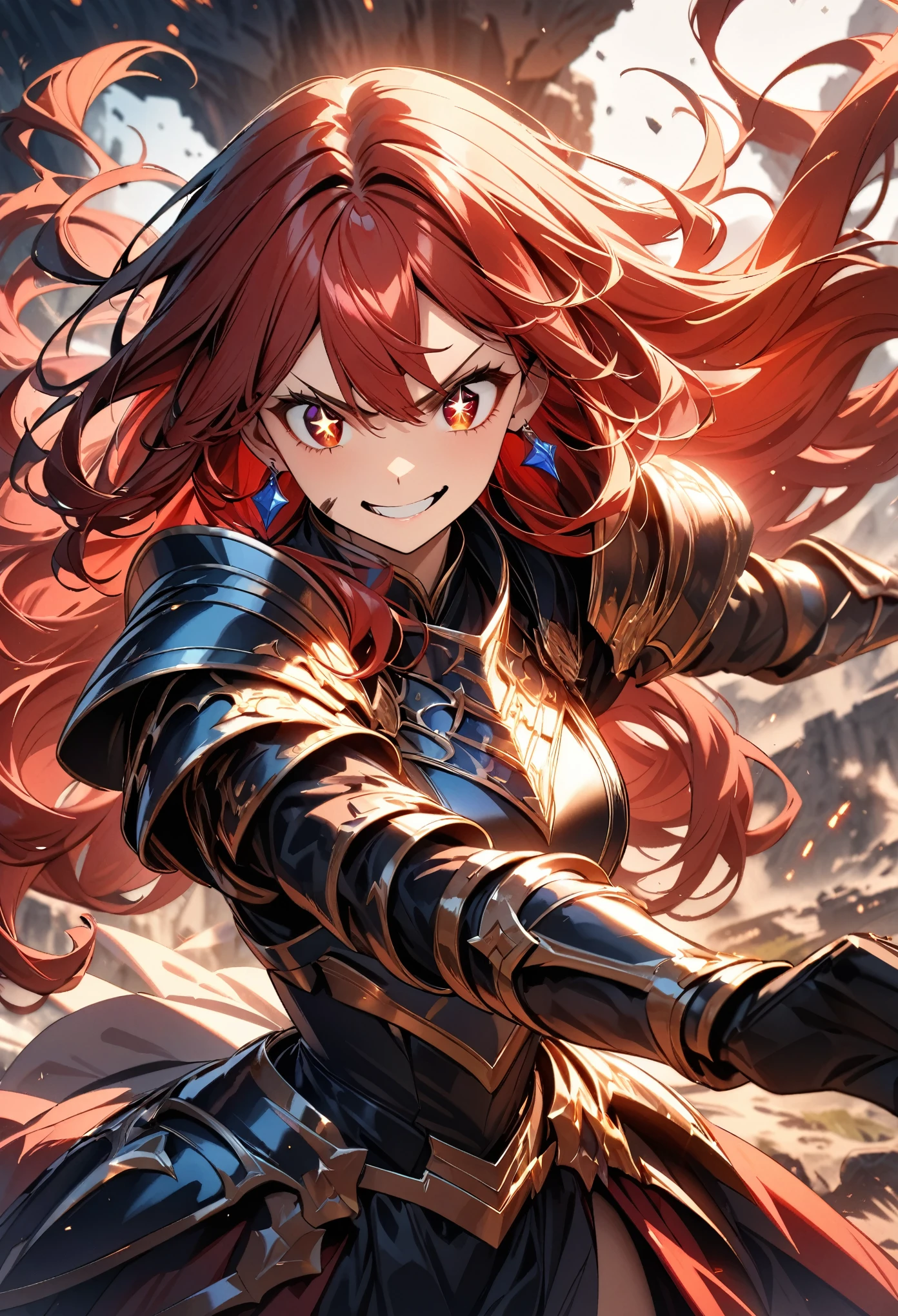 (highest quality:1.2, Very detailed, Latest, Vibrant, Ultra-high resolution, High Contrast, masterpiece:1.2, highest quality, Best aesthetics), (((1 girl))), Woman wielding a large sword, Luxurious Armor, Flowing Hair, Intense expression, Intense battle scenes, Dramatic lighting, Bright colors, Powerful strokes, Red hair, Long Hair, Wavy Hair, Red eyes, jewelry, Earrings, (((Detailed Eye Expression:1.2, Beautiful Skin, Detailed facial expressions))), Flowing Hair, (crazy smile, sparkling eyes), Heroic figures, Detailed armor and weapons, Dynamic pose, War-torn landscape background
